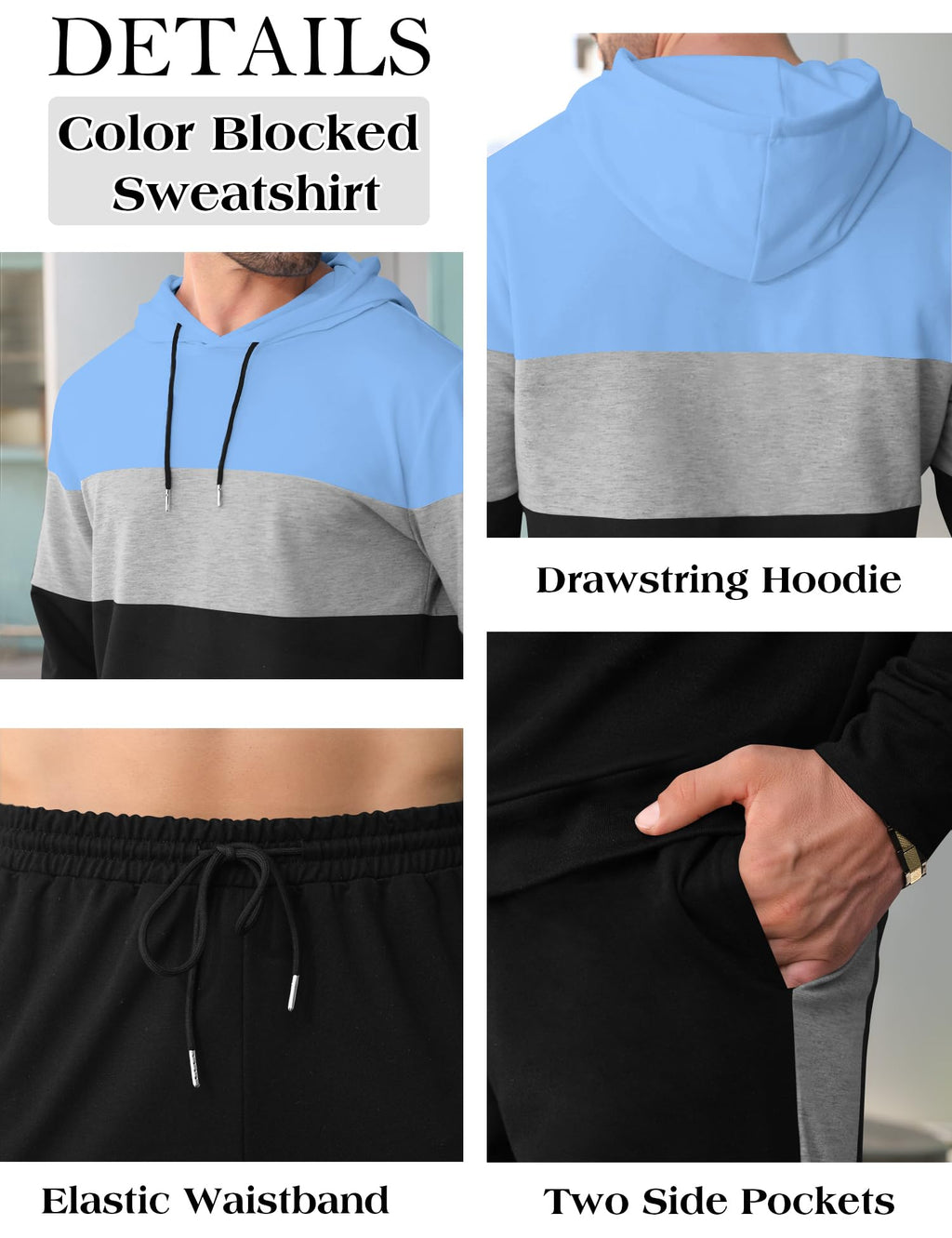 Babioboa Men's Tracksuit 2 Piece Color Block Hoodie Set Pullover Sweatshirt and Jogging Sweatpants Athletic Sweatsuits Set