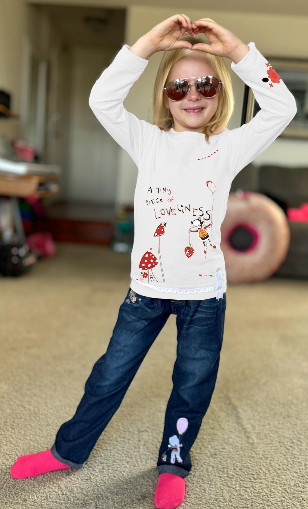 LUKYCILD Toddler Girl Clothes Baby Girl Long Sleeve Top + Jeans Pants with Pockets 2 Piece Outfit Cartoon Clothing Set