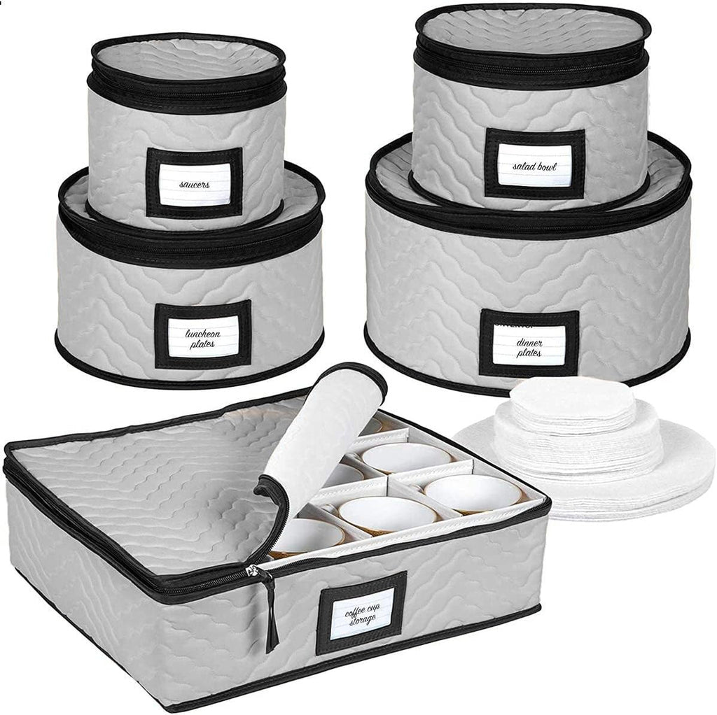 China Storage Containers 5-Piece Set Moving Boxes for Dinnerware, Glasses, Plates, Mugs and Saucers Sturdy Quilted Microfiber Dish Organizer with Dividers for Seasonal Storage - Holds Set of 12
