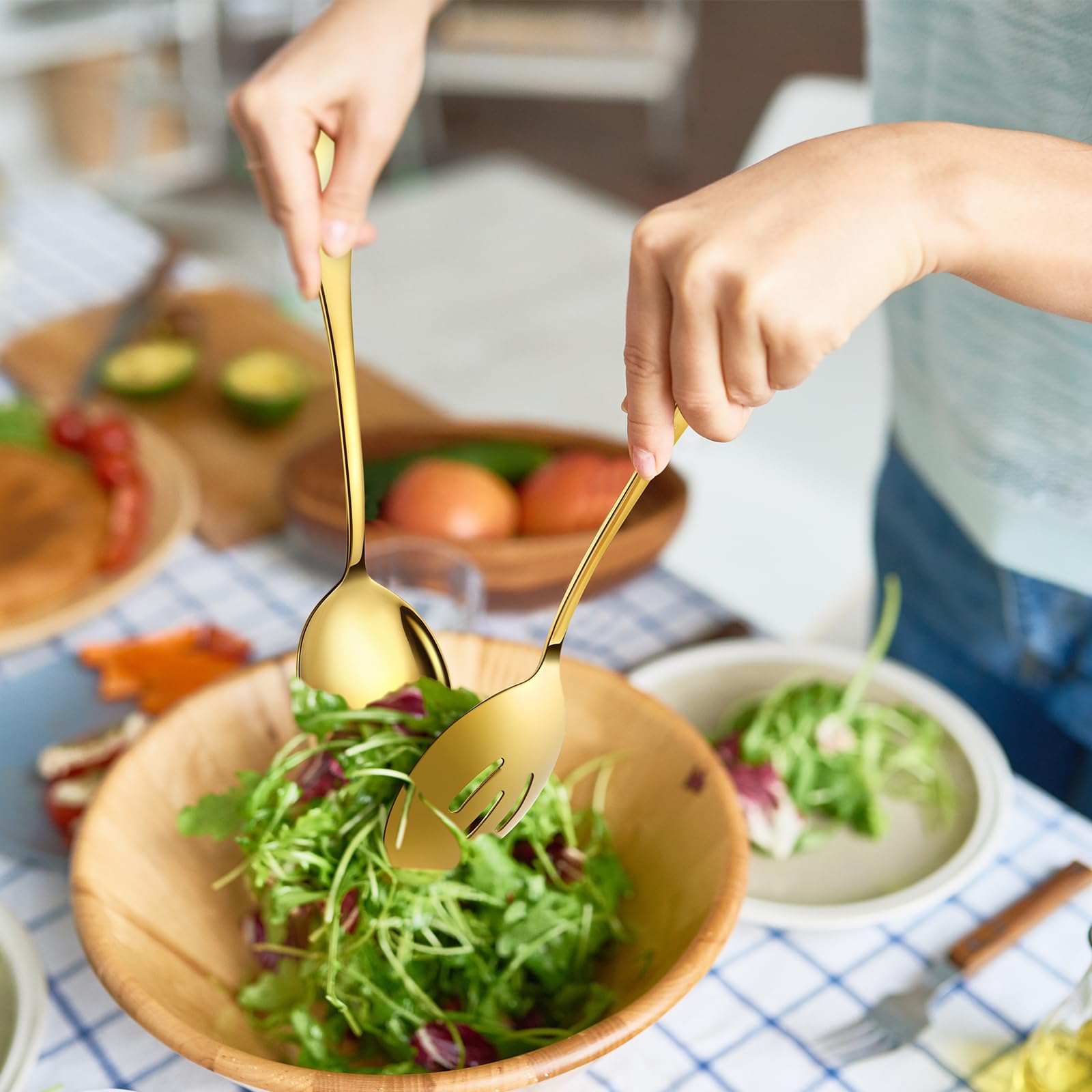 6 Piece Stainless Steel Serving Spoons Set, 10-Inch, Includes 2 Spoon/Slotted/Forks for Parties/Kitchen/Buffet/Catering, Dishwasher Safee
