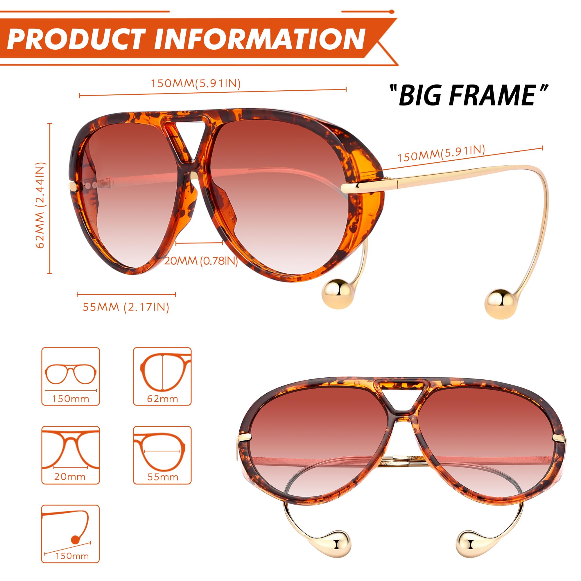 KesaPlan Vintage Oversized Aviator Sunglasses Women with Earring, 70s Retro Shield Big Frame 2025 Luxury Trendy Sun Glasses