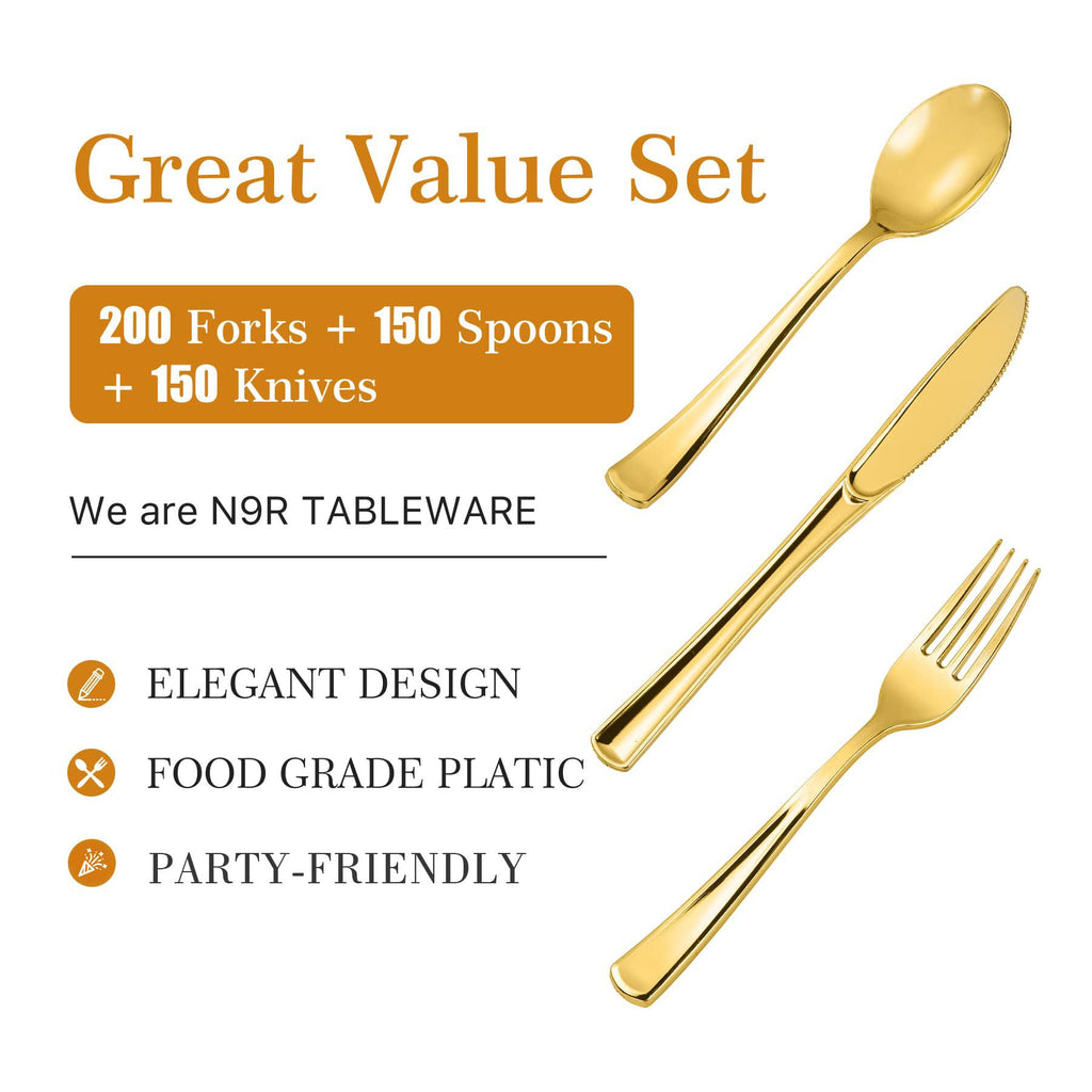 N9R 300PCS Gold Plastic Silverware, Heavy Duty Gold Plastic Cutlery Set Disposable Flatware Dinnerware, 100 Forks, 100 Spoons, 100 Knives, Perfect for Party, Wedding and Daily Use