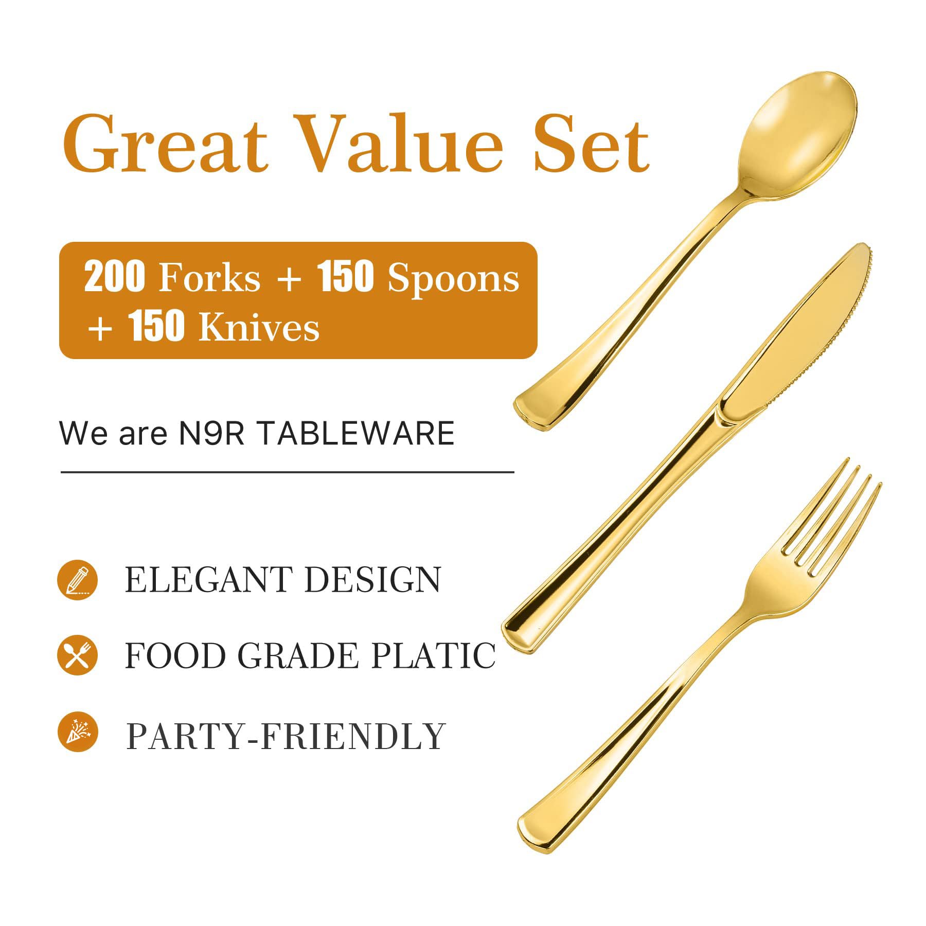 N9R 300PCS Gold Plastic Silverware, Heavy Duty Gold Plastic Cutlery Set Disposable Flatware Dinnerware, 100 Forks, 100 Spoons, 100 Knives, Perfect for Party, Wedding and Daily Use