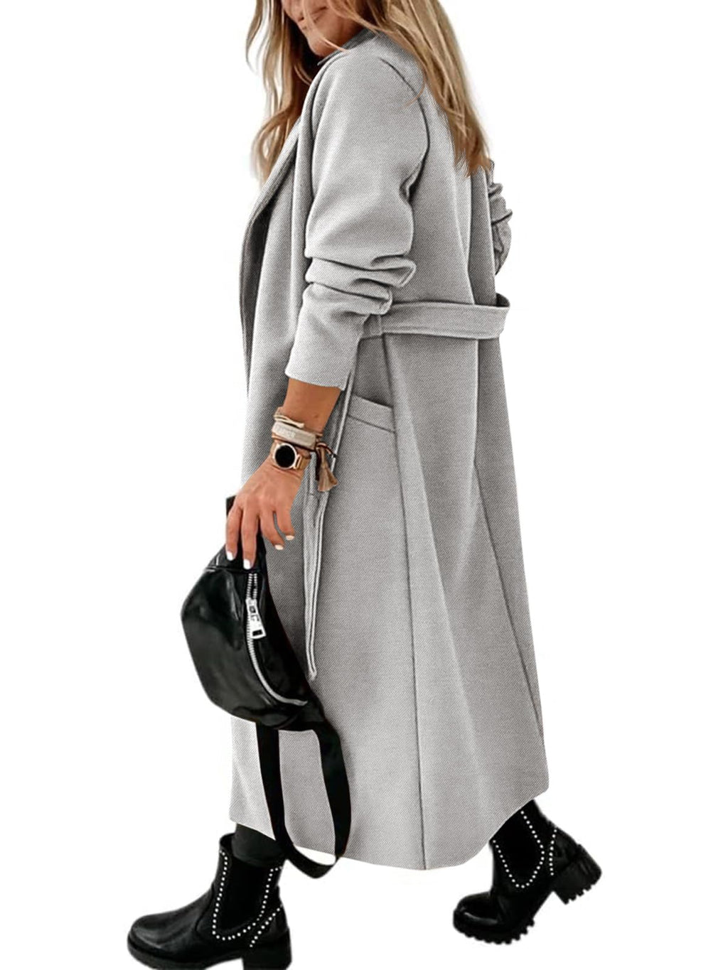 Womens Classic Coat Lapel Collar Open Front Belted Long Jacket