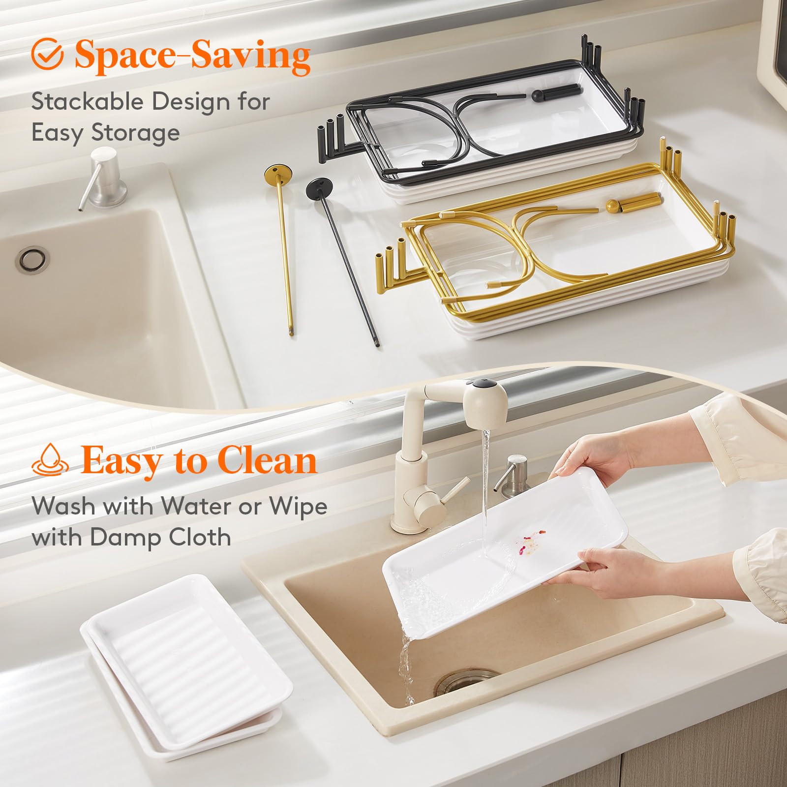 Lifewit 3 Tier Serving Tray for Party, 12" x 6.5" Plastic Tiered Food Serving Platters, White Rotatable Tiered Tray Stand with Gold Collapsible Metal Stand, Dessert Table Display Set for Buffet