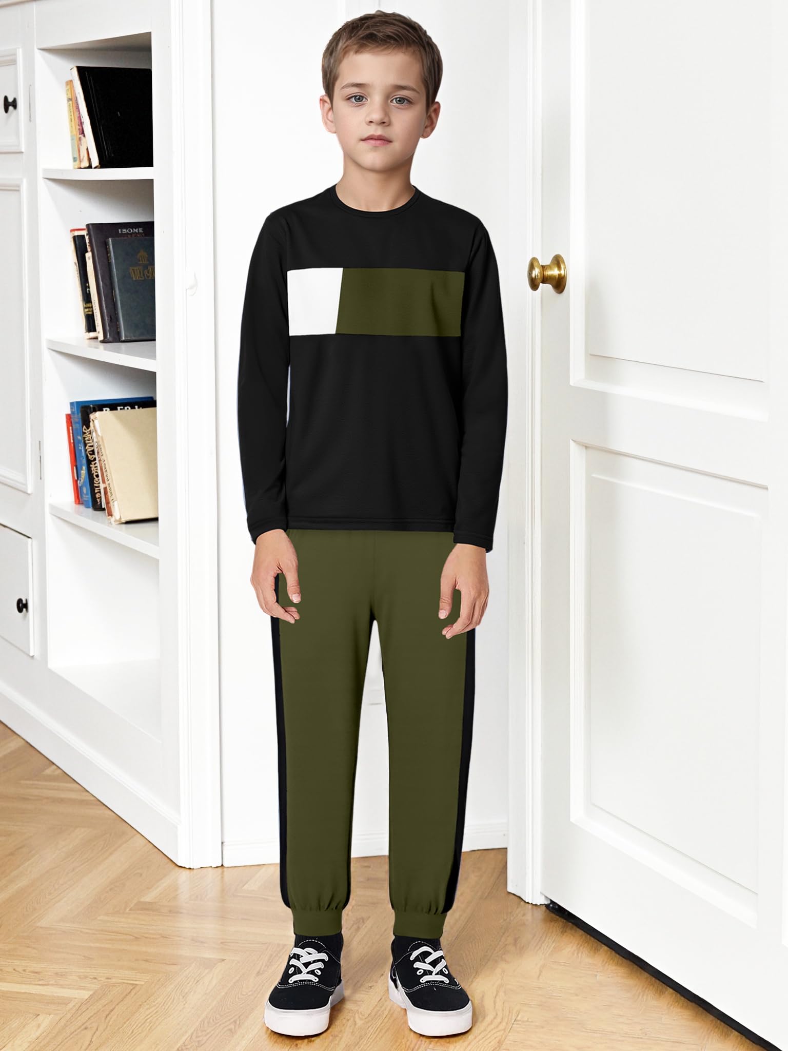 Boys Clothes Color Block Round Neck Long Sleeve Sweatshirt and Casual Pants 2Pcs Fall Outfits Clothes for Boys 6-14 Y