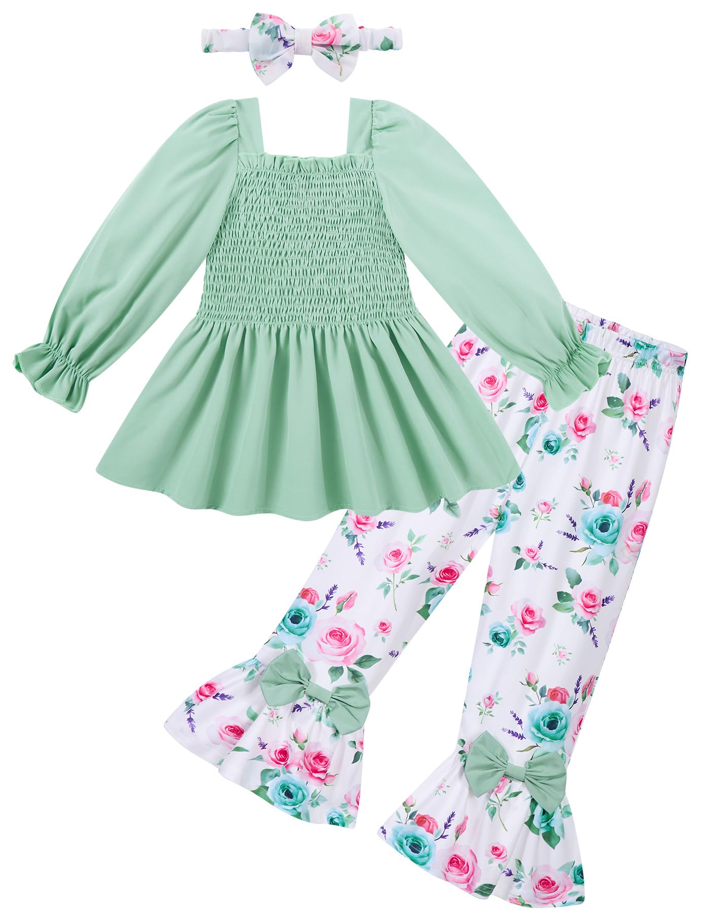 UNICOMIDEA Girls Clothes Set Shirt Top and Flare Pants with Bowknot 2-5T Kids 3 Piece Outfit For Girl