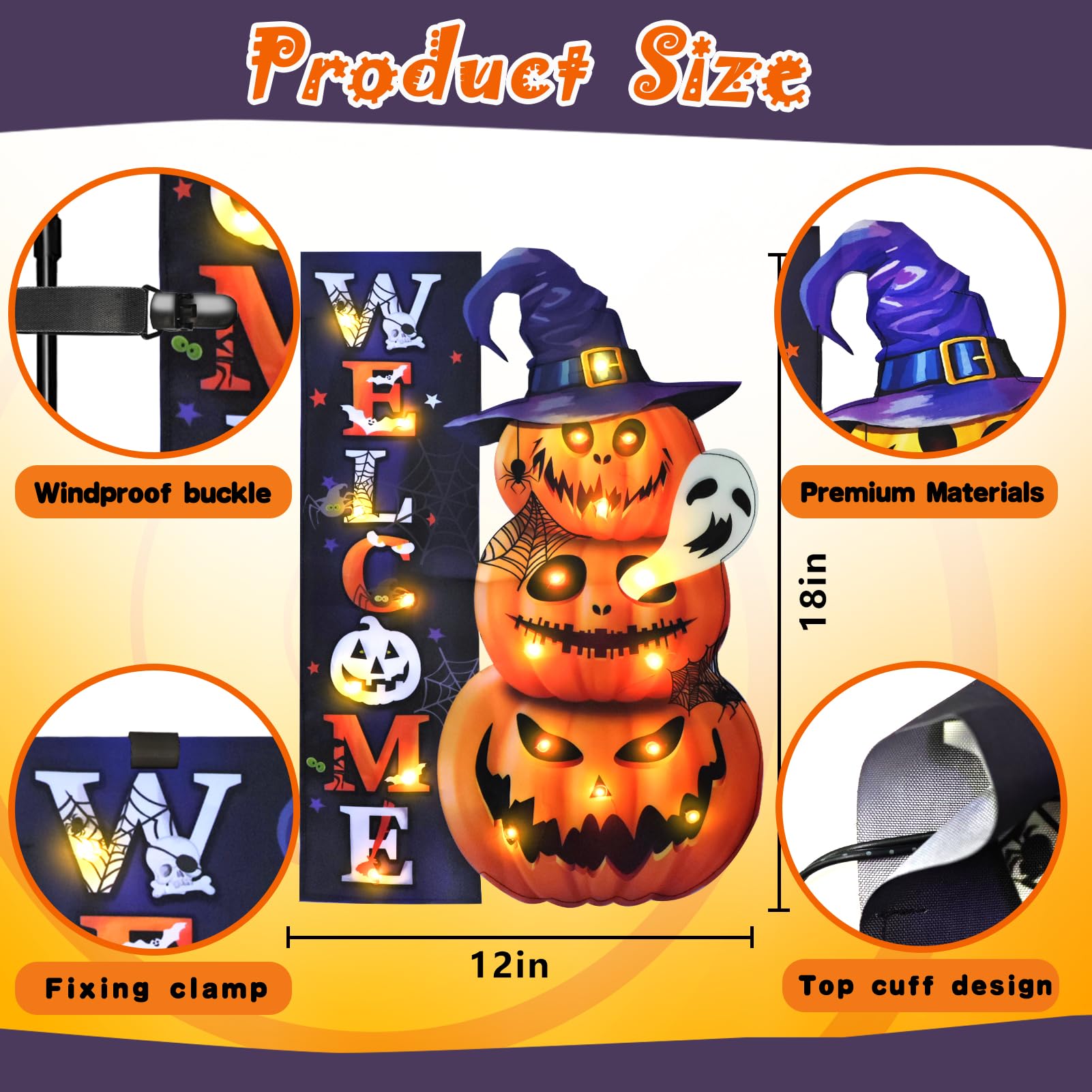 Halloween Lighted Garden Flag for Outside, Led Solar Yard Flag 8 Modes Witch Feet Shape Flag, 12x18 Double Sided Cauldron Eyeball Black Cat Decorations for Home Porch