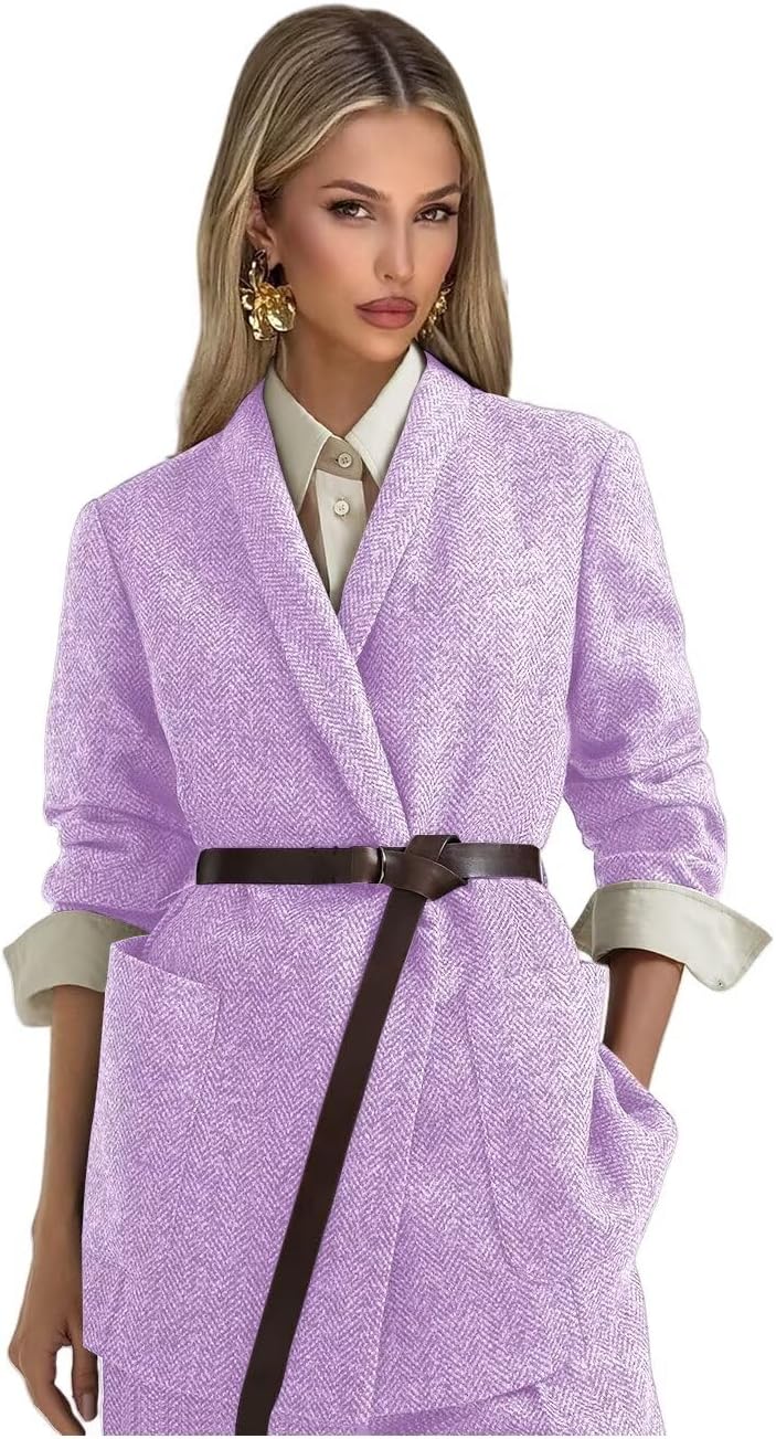 Tweed Suits for Women Dressy 2 Piece Herringbone Blazer and Pants with Belt Shawl Lapel Business Casual Outfits