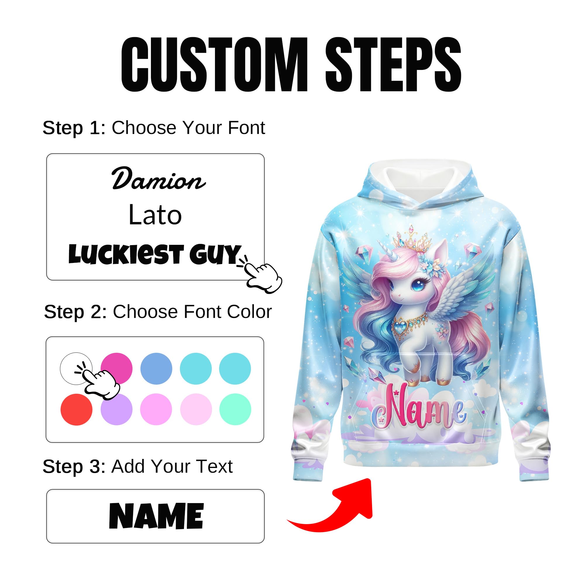 Hoodies for Girls Custom Sweatshirts with Name, Kids Pullover with Pocket, Comfy Graphic Hoodies for Daughter