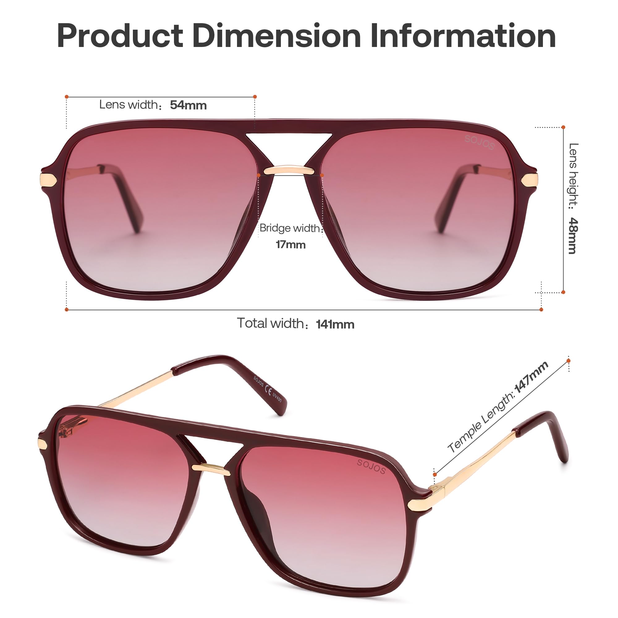 SOJOS Sunglasses for Women & Men, Square, Retro, Polarized Lens, Trendy Aviator, 90s Shades