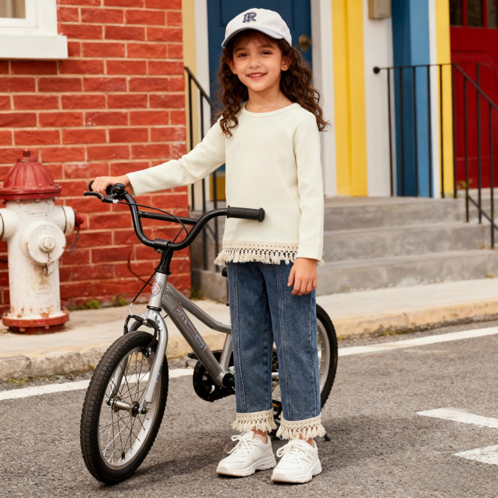 3-7 Years Toddler Girls Pants Set - Tassel Top & Washed Denim Pants Fall Winter Clothing Outfits Set for Girls