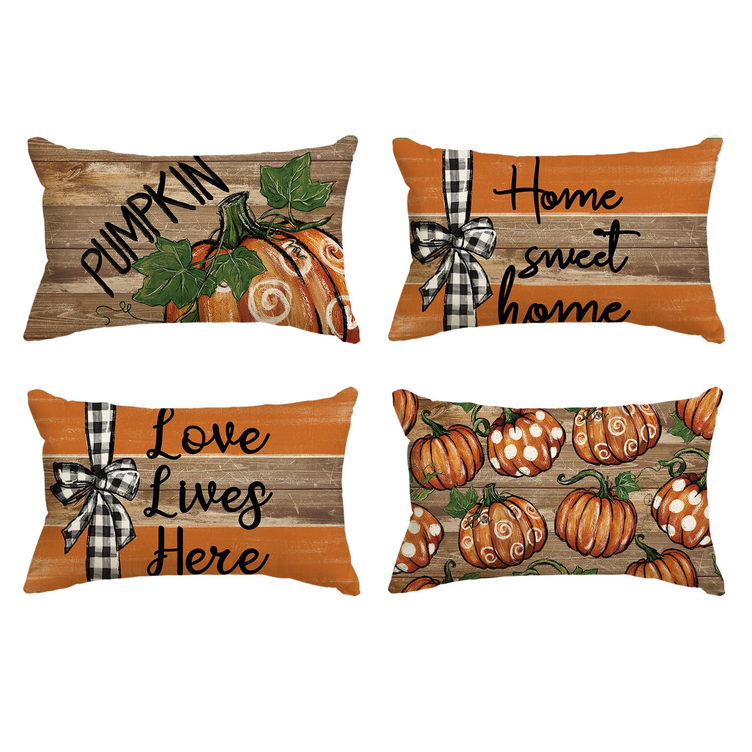 AVOIN colorlife Fall Pumpkin Home Sweet Home Thanksgiving Throw Pillow Covers, 18 x 18 Inch Love Lives Here Autumn Harvest Stripes Polka Dots Give Thanks Decorations for Sofa Couch Set of 4