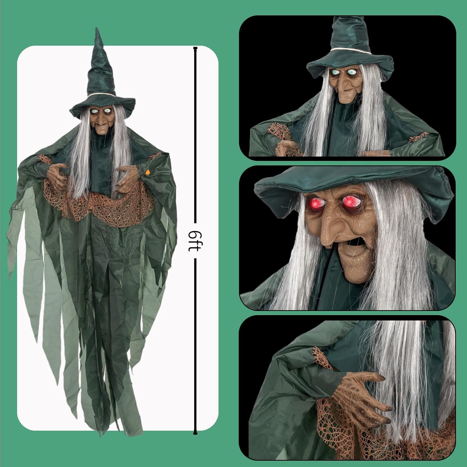 Halloween Decorations Outdoor Halloween Animatronics Motion Activated 6Ft Creepy Hanging Witch with Light-up Eyes Haunted House Prop Décor Indoor 2025 Update