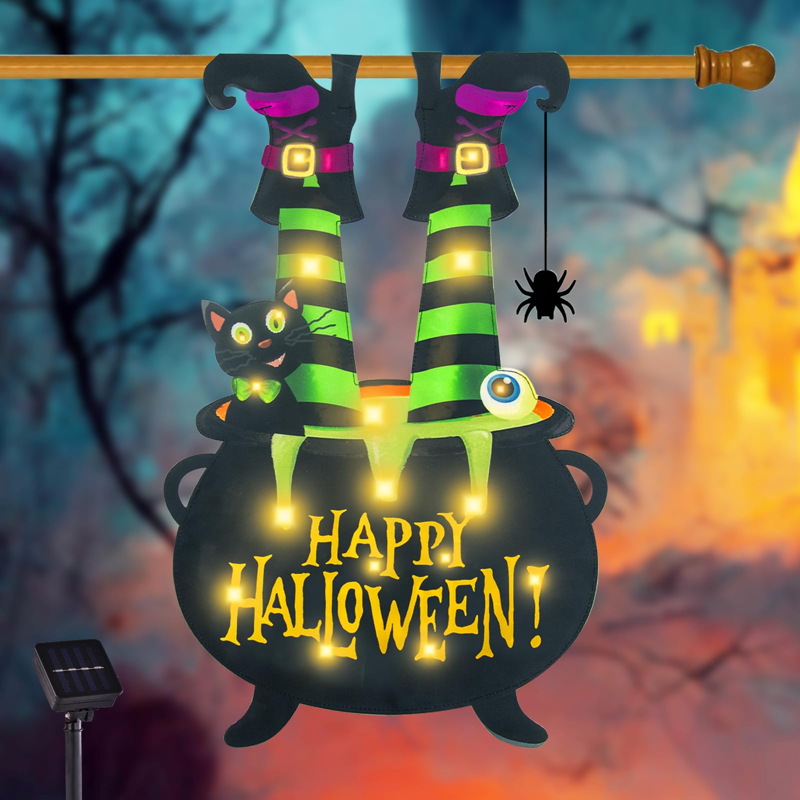 Halloween Lighted Garden Flag for Outside, Led Solar Yard Flag 8 Modes Witch Feet Shape Flag, 12x18 Double Sided Cauldron Eyeball Black Cat Decorations for Home Porch