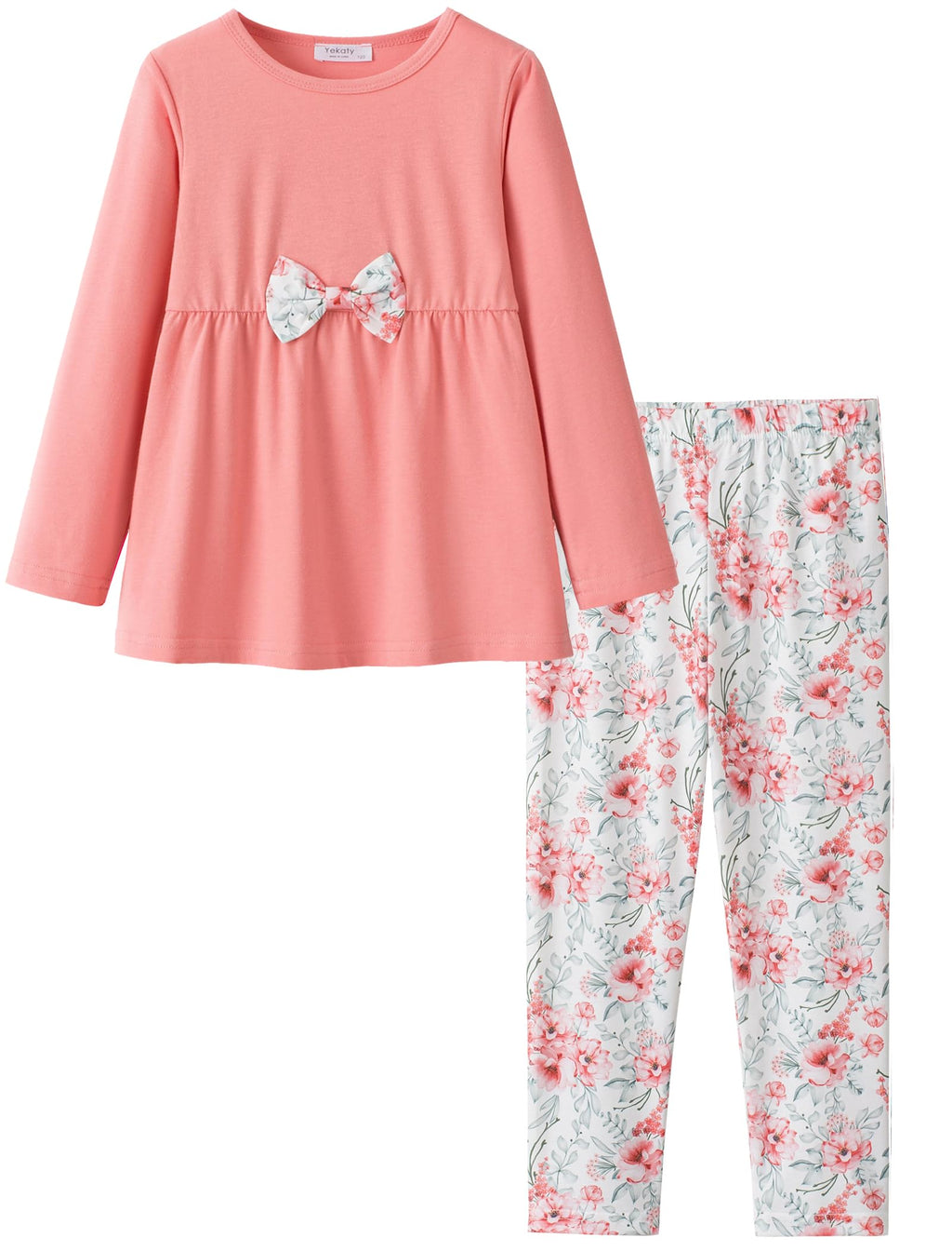 Yekaty Girls Clothing Set 2 Pcs Floral Soft Crewneck Long Sleeve Top+Leggings Loose Outfits With Bowknot