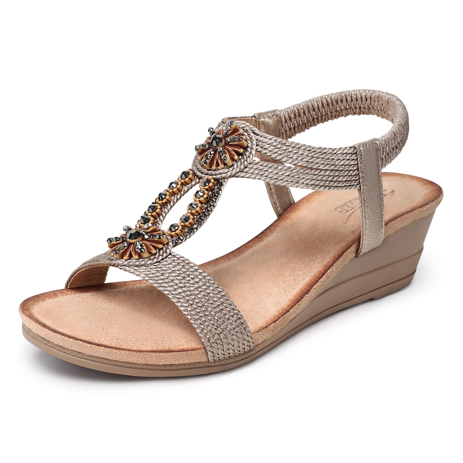 SHIBEVER Womens Wedge Sandals Flower Low Heel Dressy Sandals Elastic Ankle Strap Rhinestone Summer Comfortable Shoe