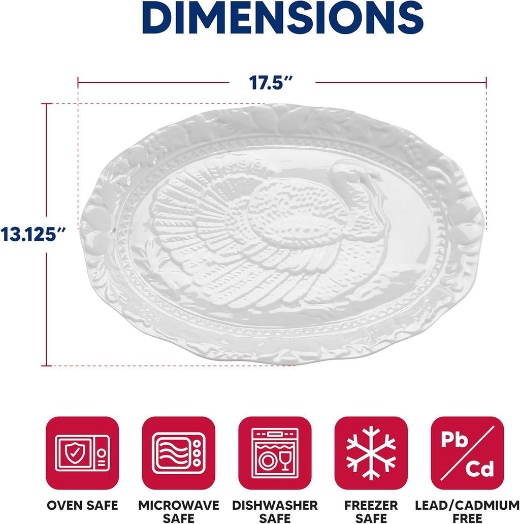 HIC Kitchen Turkey Embossed Serving Platter, Fine Porcelain, Oversized