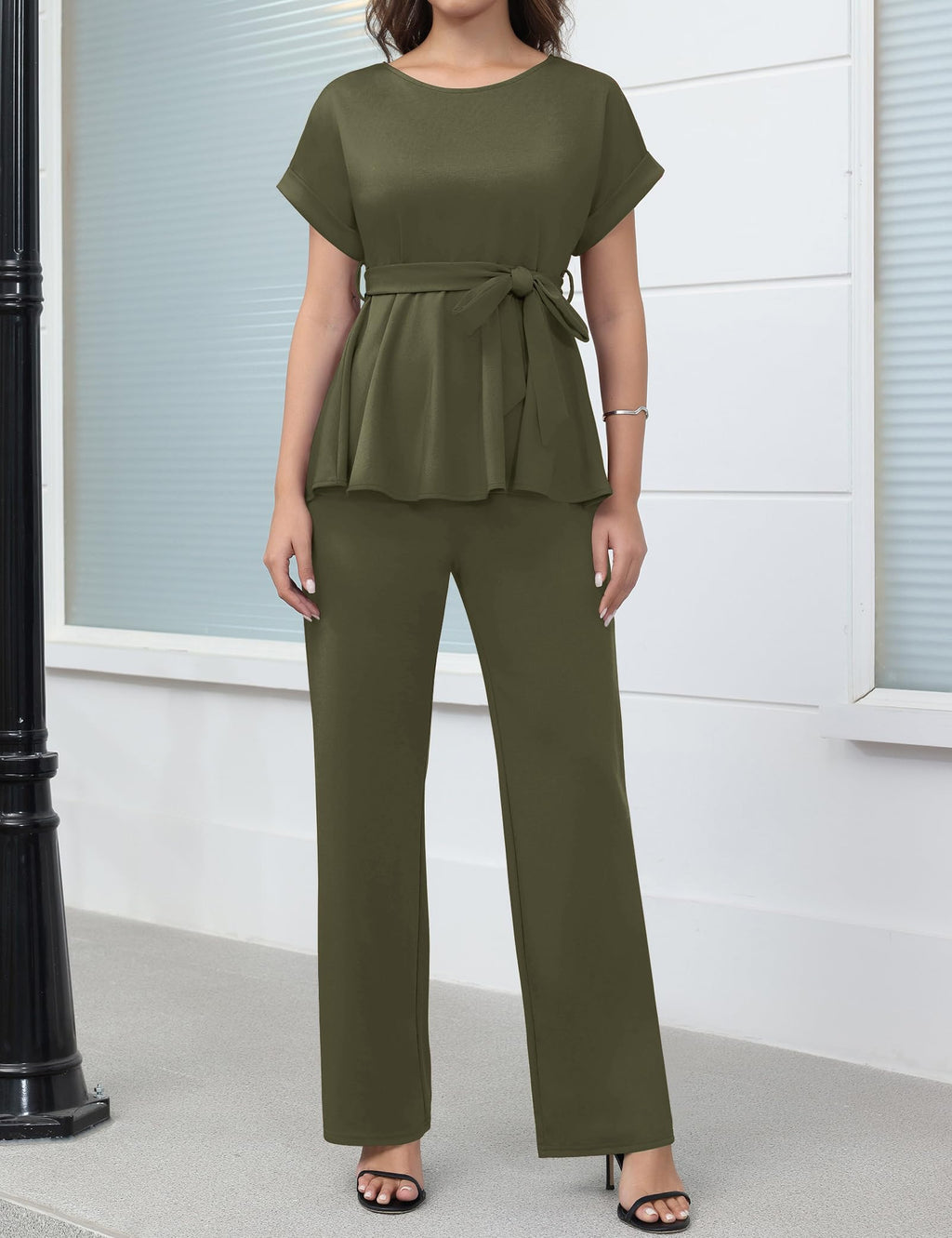 Women's 2 Piece Outfits Suit Set Short Sleeve Peplum Top Flared Pants Sets Business Pantsuits