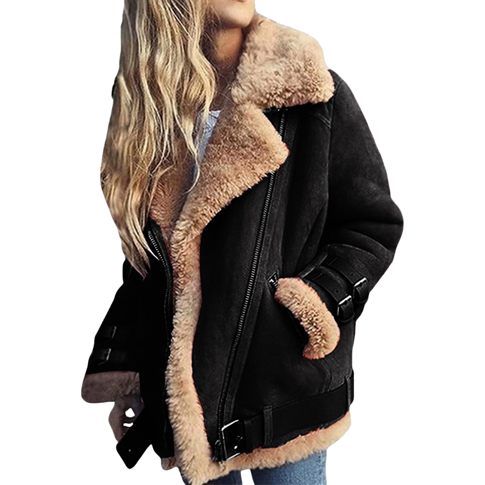 Women Sherpa Lined Coat Lapel Zip Up Winter Thicked Outwear Oversized Leather Faux Suede Fleece Shearling Jacket