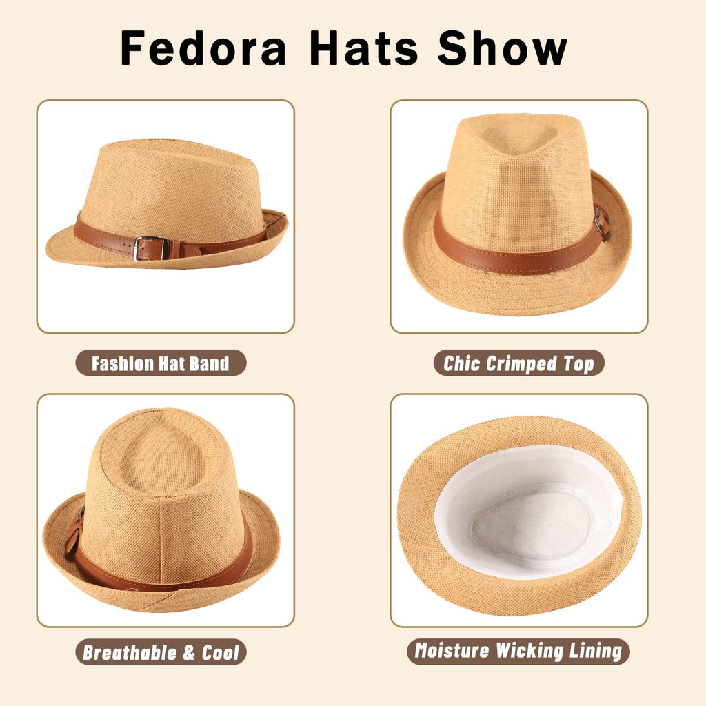 Forwe 4 Pack Straw Fedora Hat for Men Women Short Brim Trilby Hat Classic Panama Summer Beach Sun Hat