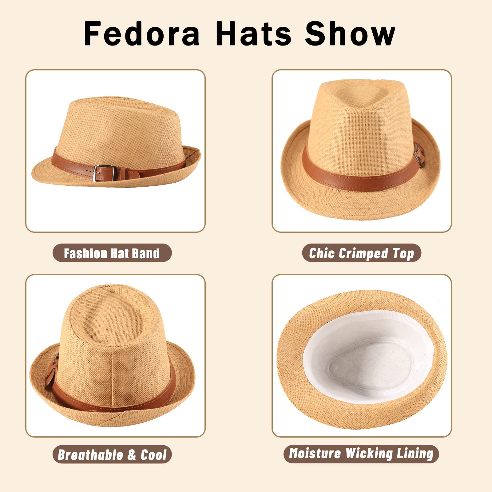 Forwe 4 Pack Straw Fedora Hat for Men Women Short Brim Trilby Hat Classic Panama Summer Beach Sun Hat