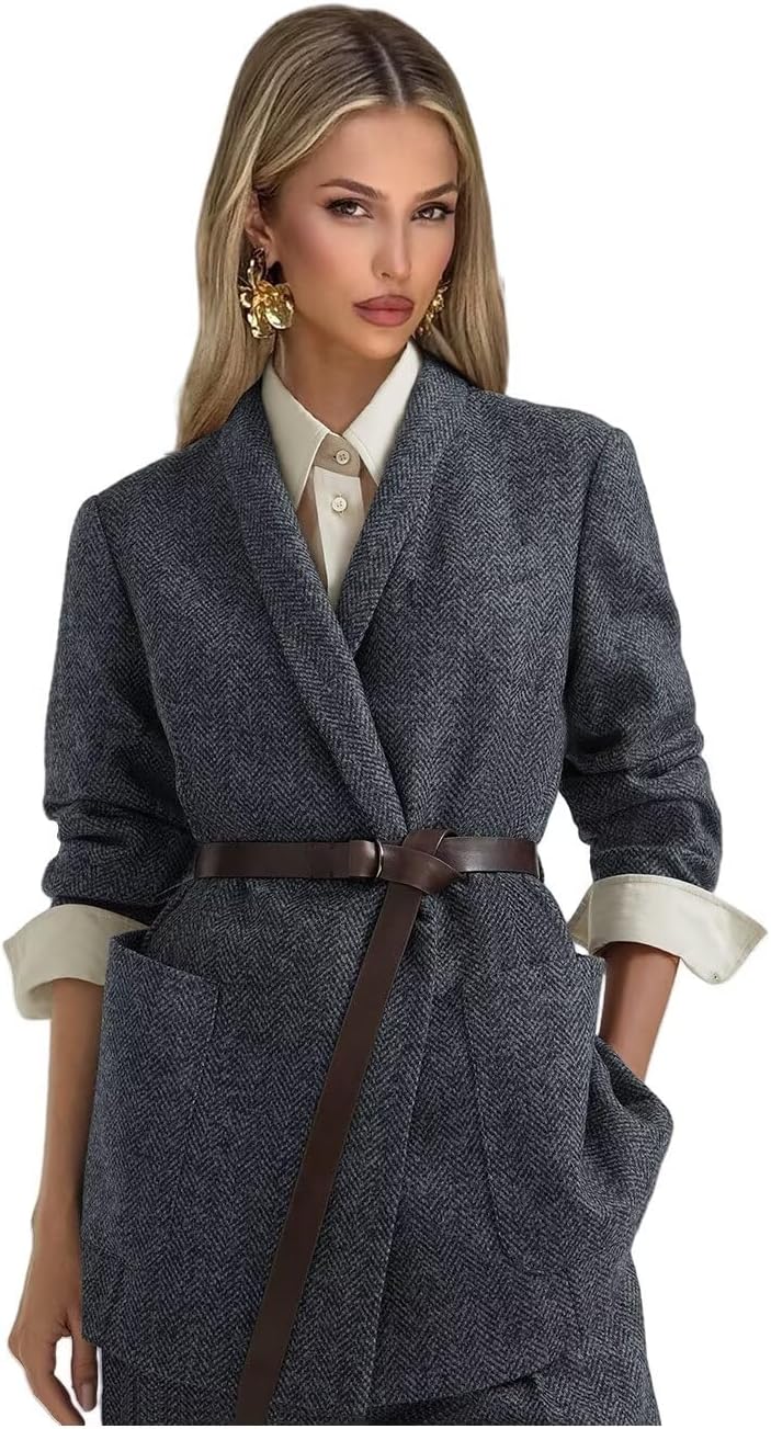 Tweed Suits for Women Dressy 2 Piece Herringbone Blazer and Pants with Belt Shawl Lapel Business Casual Outfits