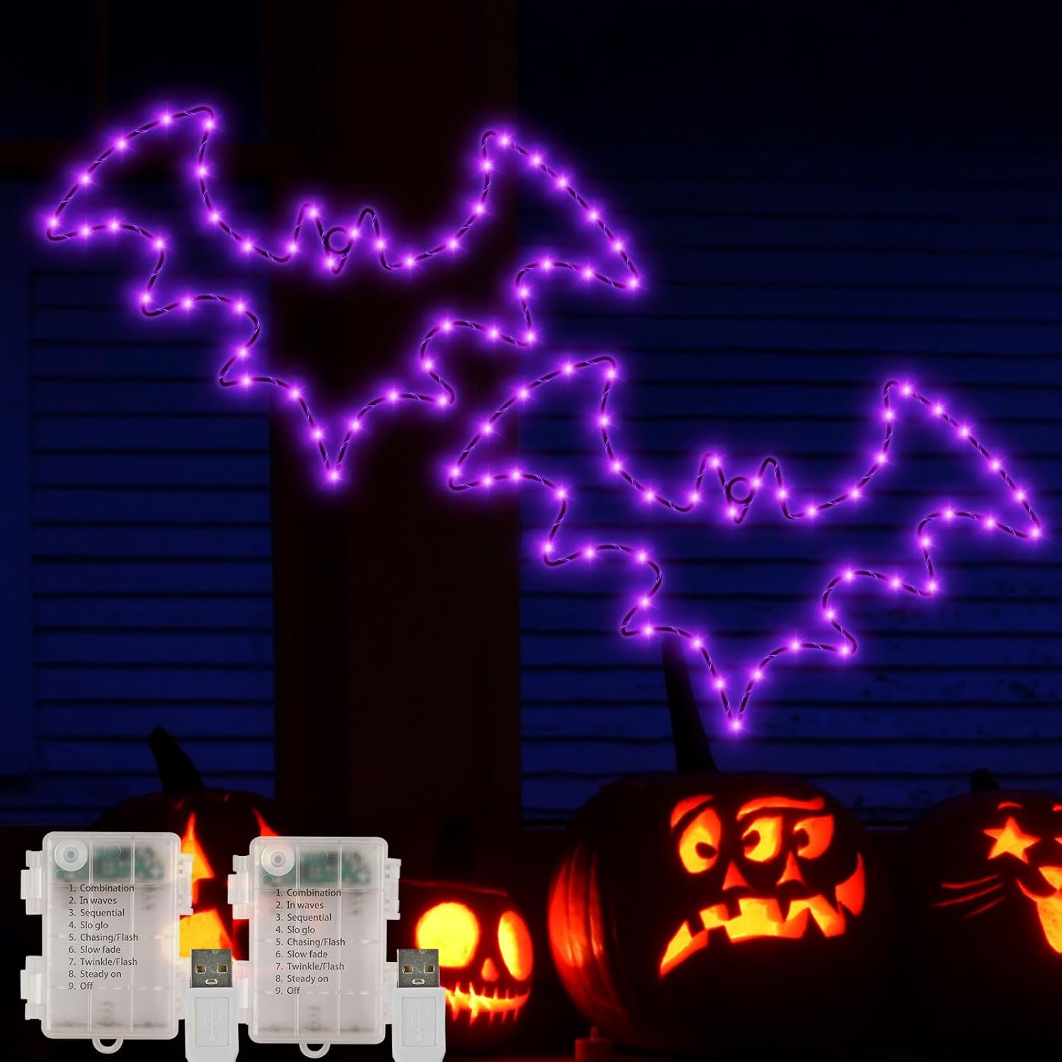 Halloween Decorations, 2 Pack Bat Window Lights, 8 Modes Battery Operated Halloween Lights with Timer, Waterproof Window Silhouette Light for Indoor Window Door Yard Party Decor