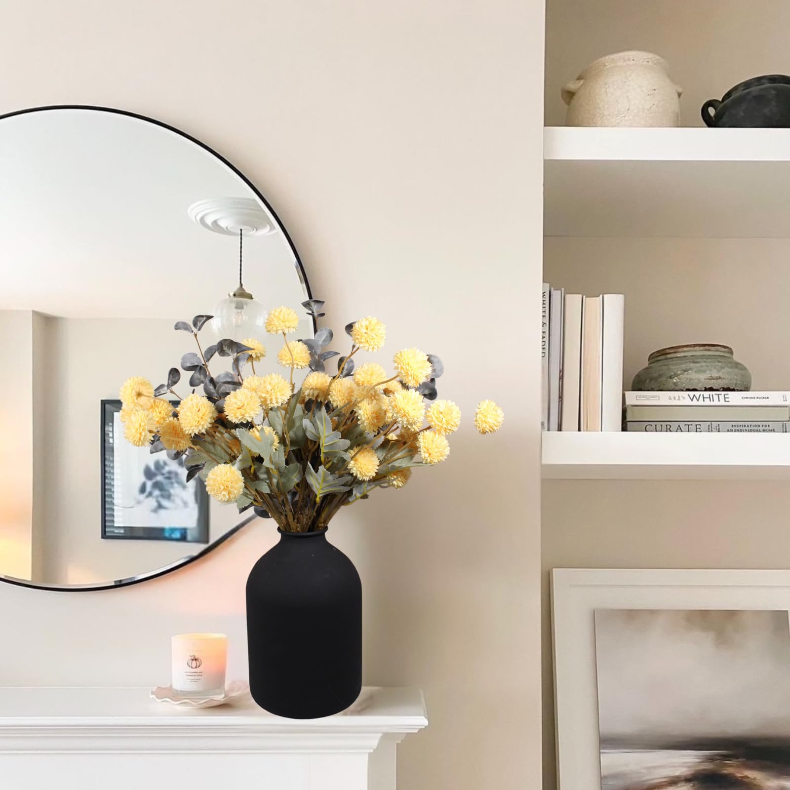 Fall Flowers, Burnt Orange Faux Kiku Flowers Artificial 10 Stems + Eucalyptus, Fake Silk Mums Fall Floral Centerpiece, Autumn Decor, Terracotta Mini Balls Faux Stems For Vase, Decoración de Otoño