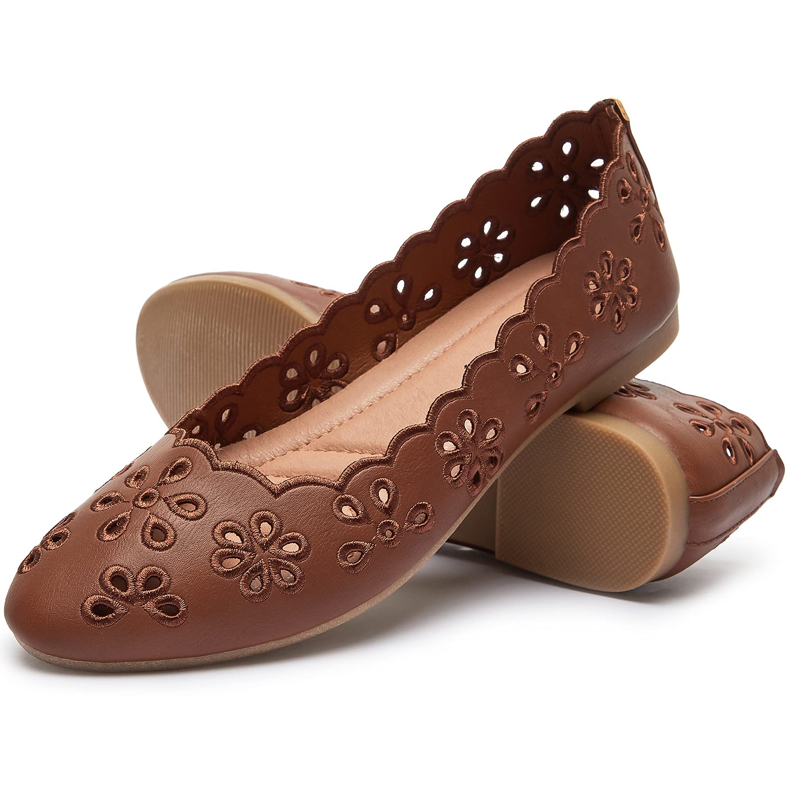 FRACORA Women's Ballet Flats Black PU Leather Dress Shoes Comfortable Round Toe Slip on Flats with Breathable Eyelets