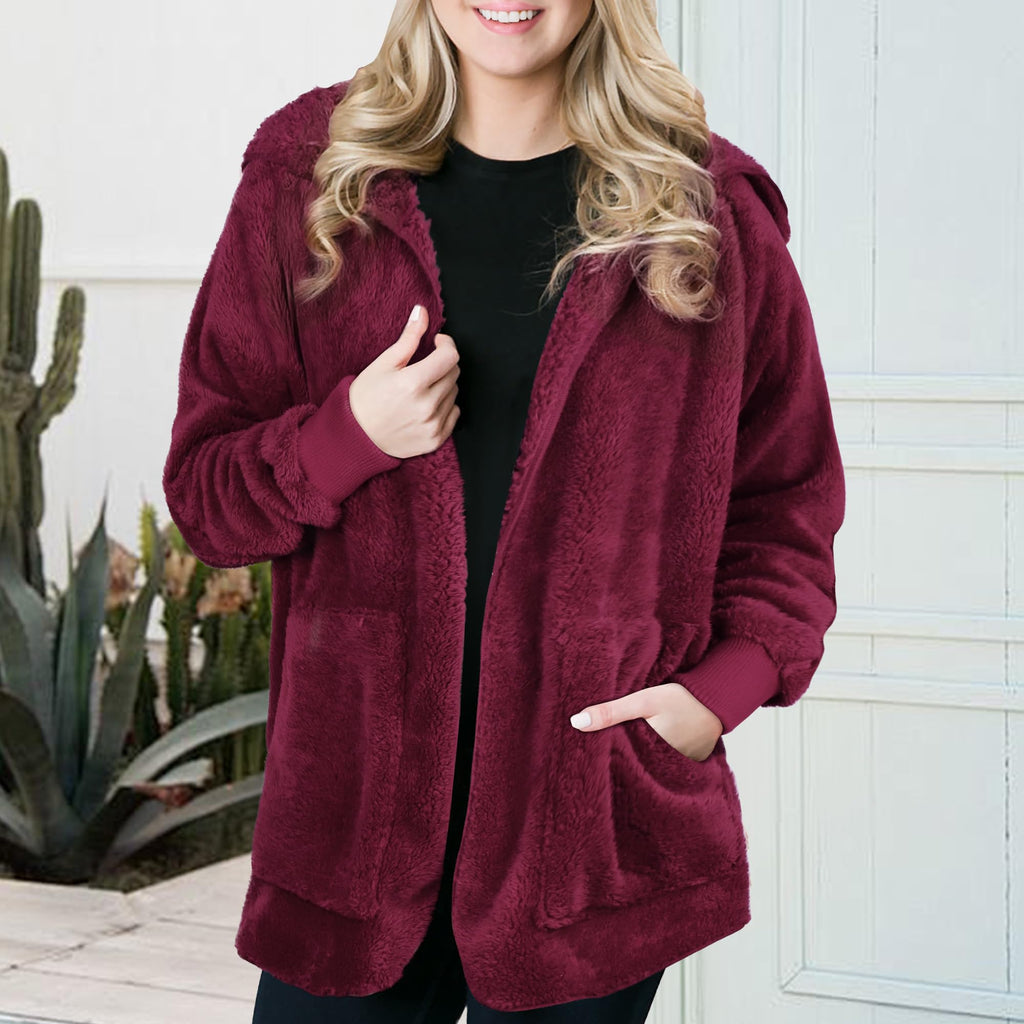 CHICGAL Womens Fuzzy Jacket Hooded Cardigan Open Front Sherpa Coat Outwear with Pockets