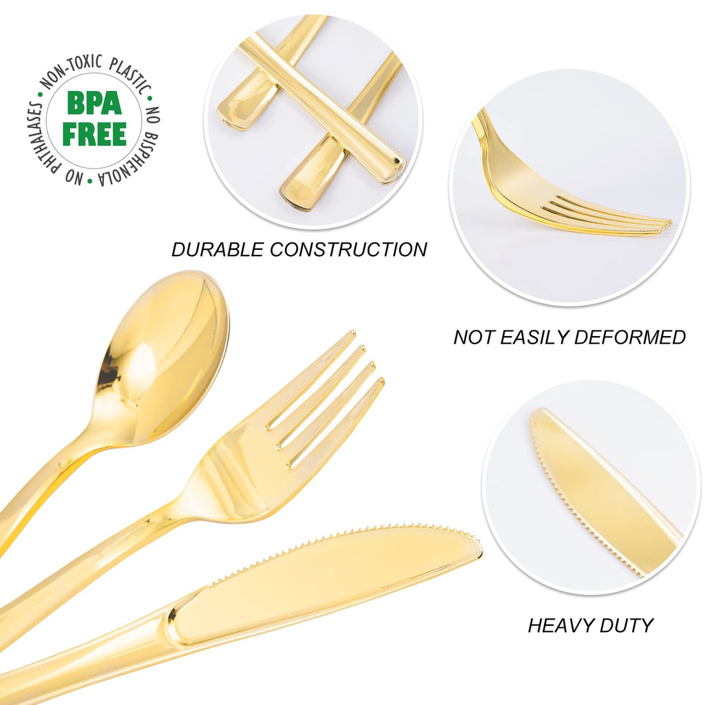 N9R 300PCS Gold Plastic Silverware, Heavy Duty Gold Plastic Cutlery Set Disposable Flatware Dinnerware, 100 Forks, 100 Spoons, 100 Knives, Perfect for Party, Wedding and Daily Use