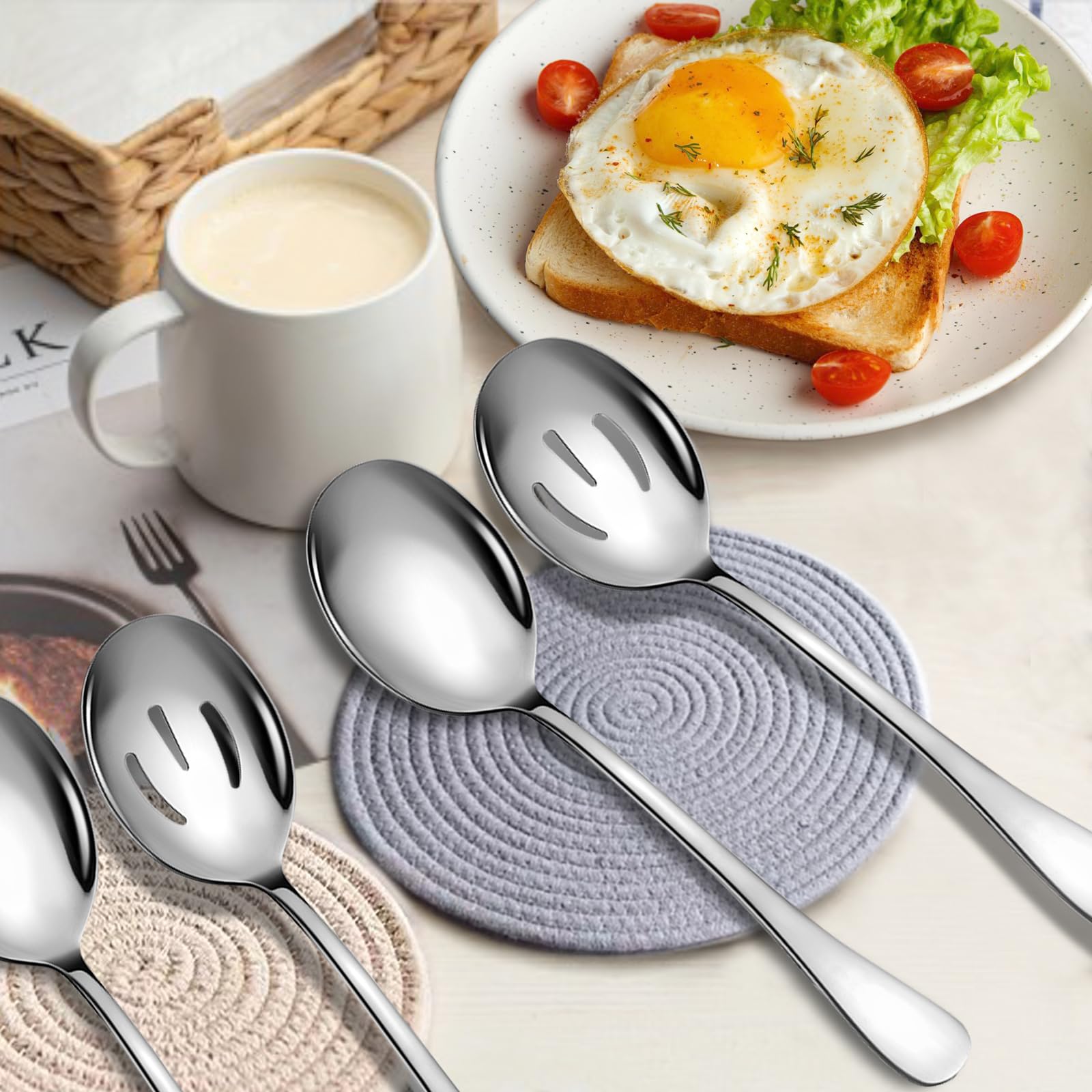 6 Piece Stainless Steel Serving Spoons Set, 10-Inch, Includes 2 Spoon/Slotted/Forks for Parties/Kitchen/Buffet/Catering, Dishwasher Safee