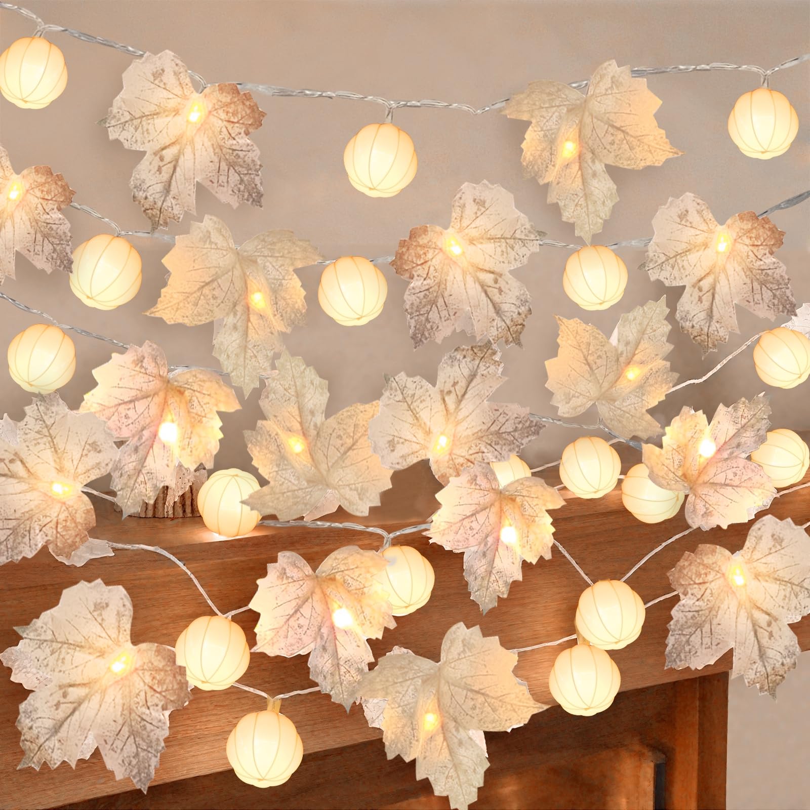 3 Pack Fall Garland with Pumpkin Lights & Enlarged Maple Fall Halloween String Lights Pumpkin Decor, 30Ft 60LED Waterproof Battery Operated Fall Decorations for Home Thanksgiving Decor Indoor Outdoor
