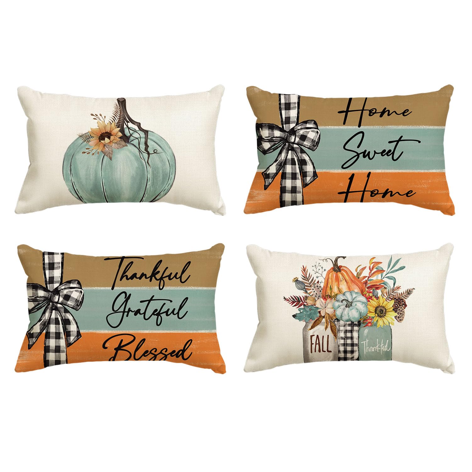 AVOIN colorlife Fall Pumpkin Home Sweet Home Throw Pillow Covers, 18 x 18 Inch Autumn Thankful Grateful Blessed Harvest Floral Decorations for Sofa Couch Set of 4