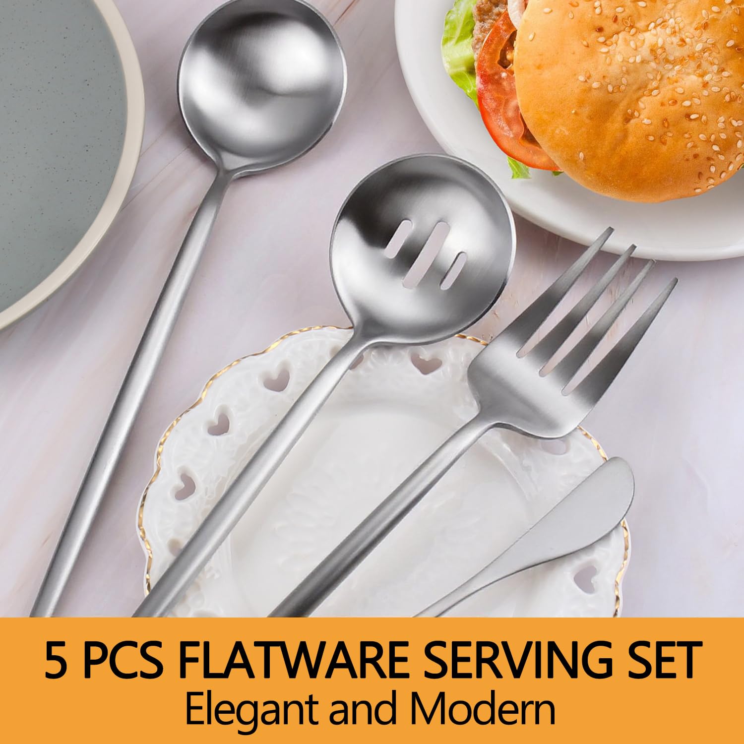 Gold Stainless Steel Serving Utensils Set, 5 Pcs - 10.8 Inch Serving Fork, 10.3 Inch Slotted Spoon, Sugar Spoon, Butter Knife for Buffet