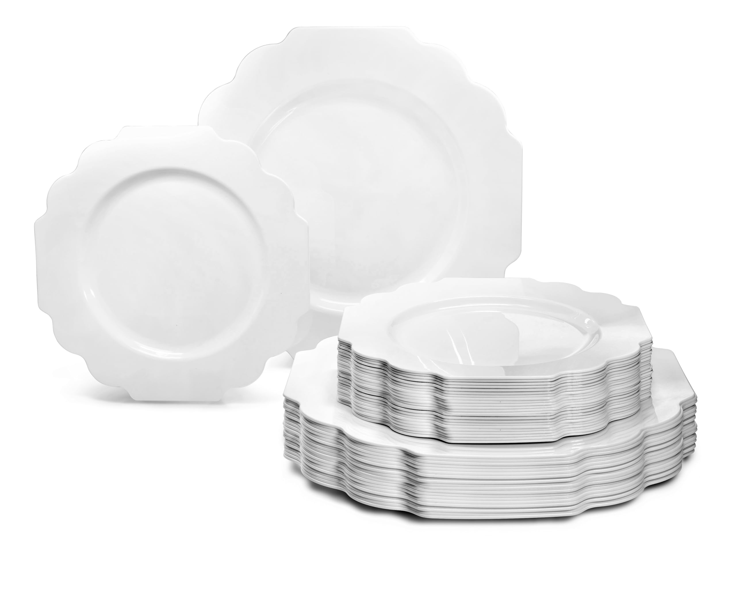 " OCCASIONS " 50 Plates Pack (25 Guests)-Heavyweight Wedding Party Disposable Plastic Plate Set -(25x10.5'' Dinner + 25x8'' Salad/Dessert) (Imperial White & Gold)