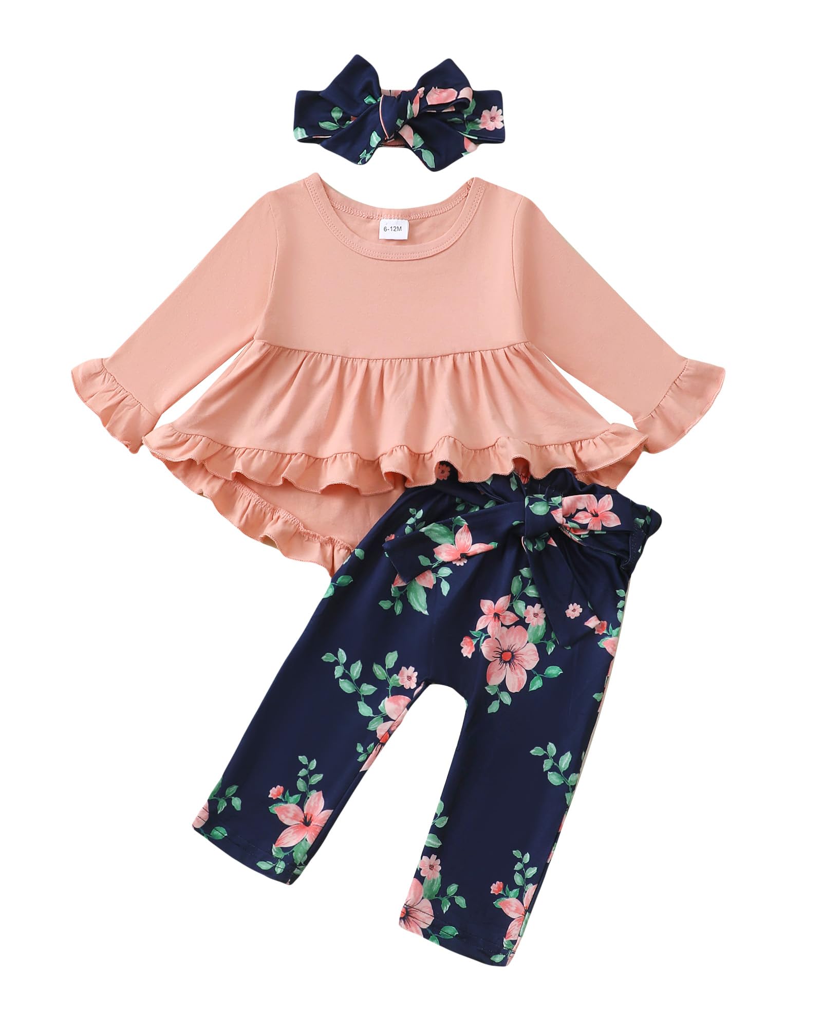 Kucnuzki Baby Girl Clothes Toddler Girl Outfit Ruffle Sleeve Shirt Floral Pant Set Fall Winter Clothing for Girl