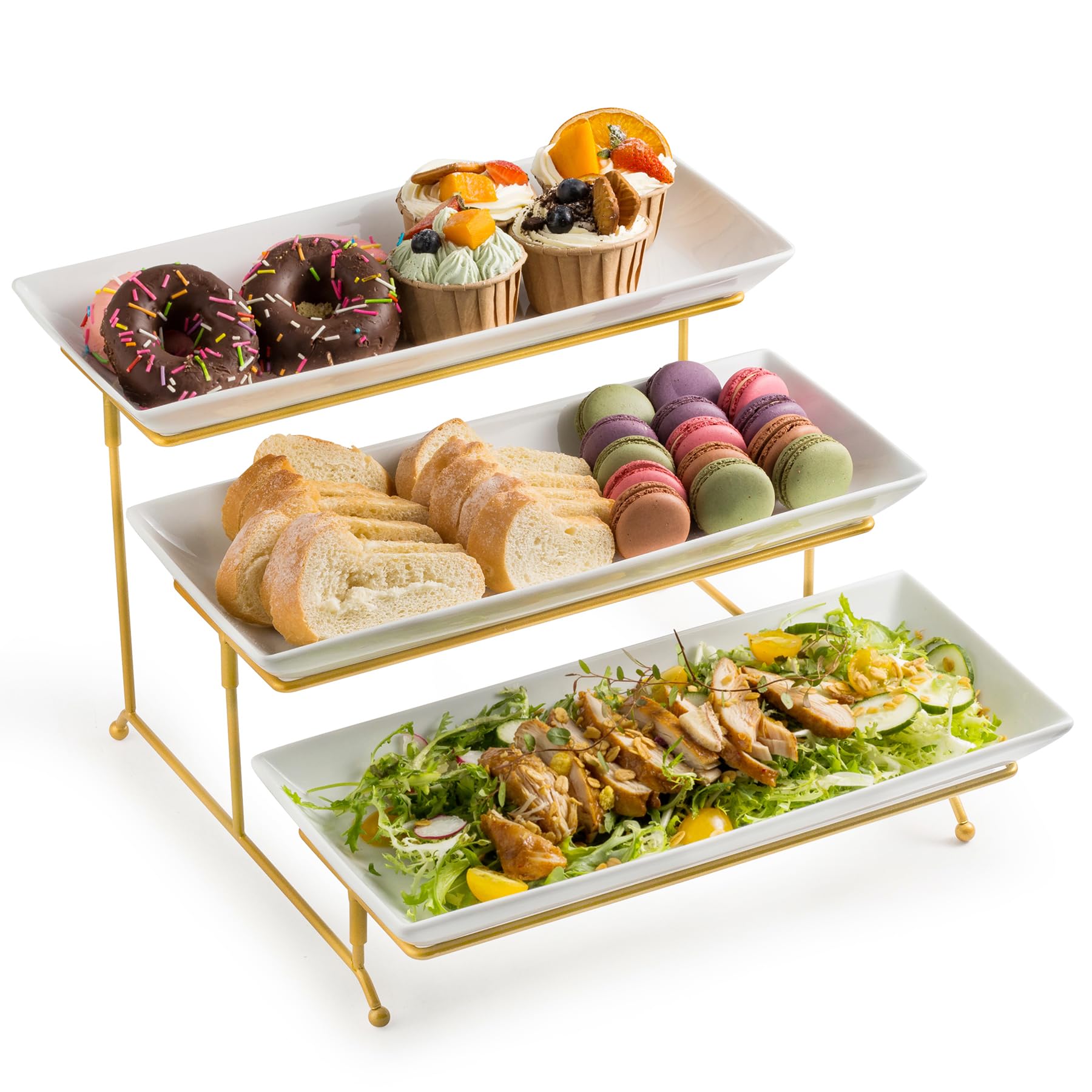 LYEOBOH 3 Tier Serving Bowls Set with Collapsible Thicker Metal Stand, Oval Serving Dishes for Entertaining Tiered Serving Stand for Fruit, Dessert, Candy, Chip and Dip (Black)