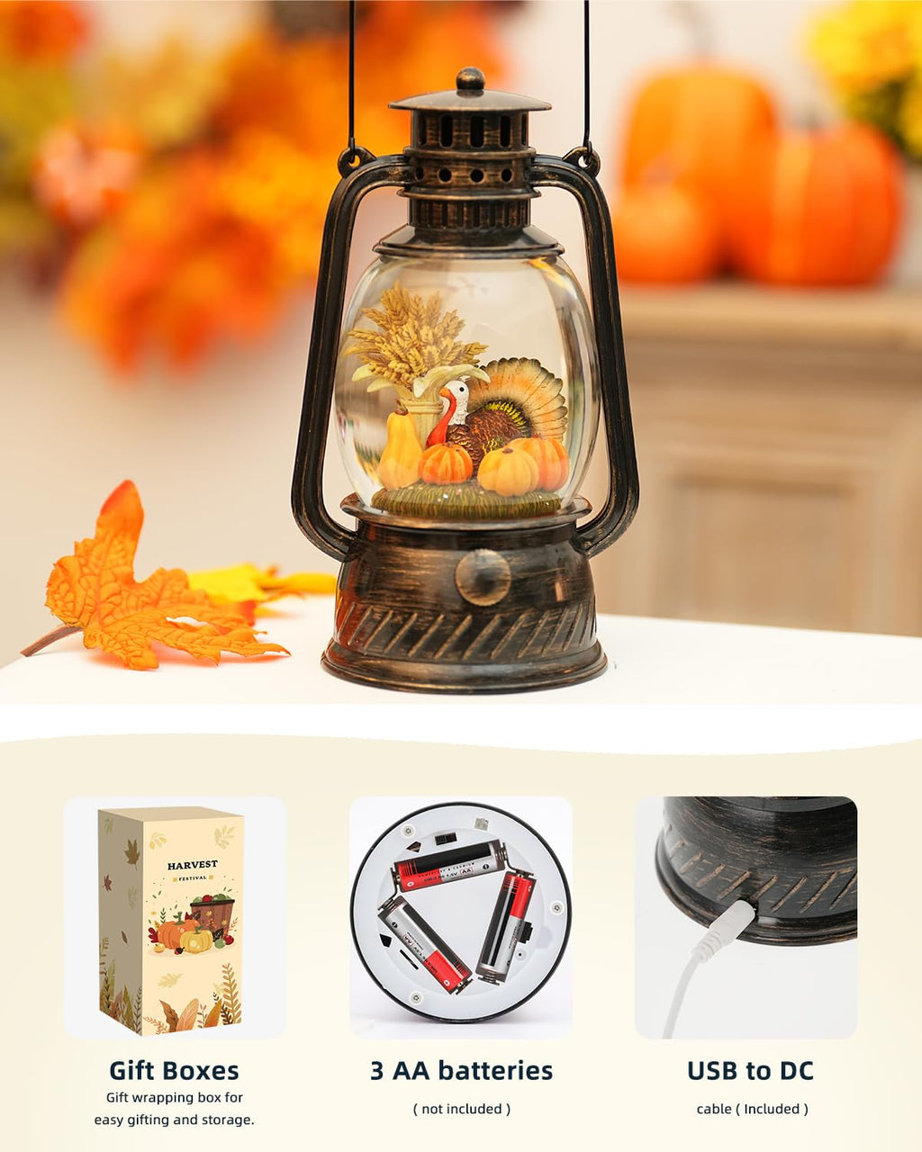 Fall Decor Snow Globe Thanksgiving Decoration Turkey Lantern Light-Up 6H Timer Halloween Pumpkin Glitter Autumn Scene Snow Globes Fall Decoration for Home