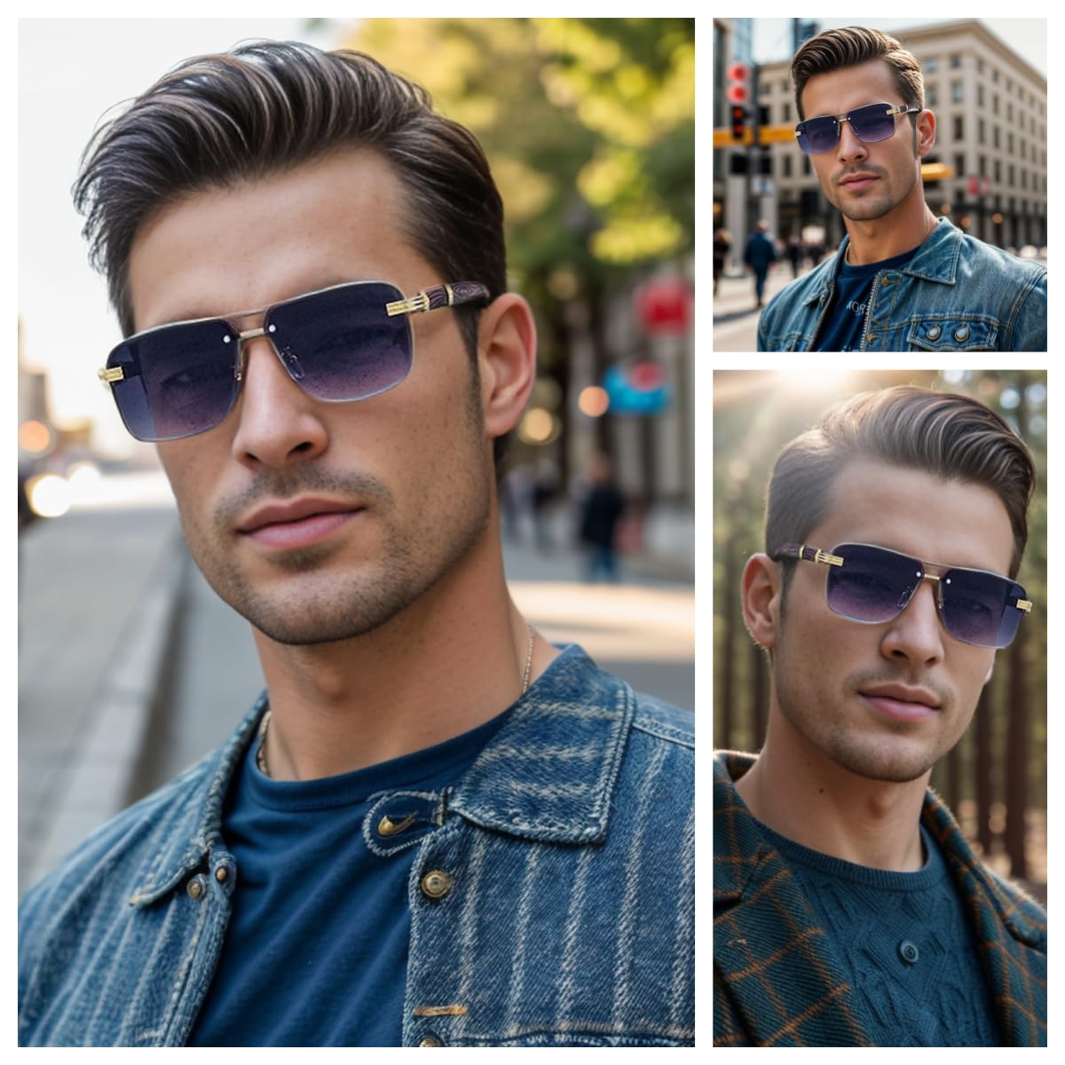 Gleyemor Mens Sunglasses Fashion Rimless Rectangle Sunglasses Square Frameless Sunglasses for Men