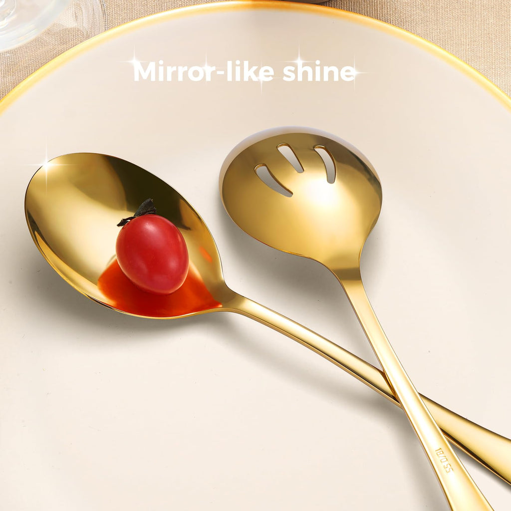 6 Piece Stainless Steel Serving Spoons Set, 10-Inch, Includes 2 Spoon/Slotted/Forks for Parties/Kitchen/Buffet/Catering, Dishwasher Safee