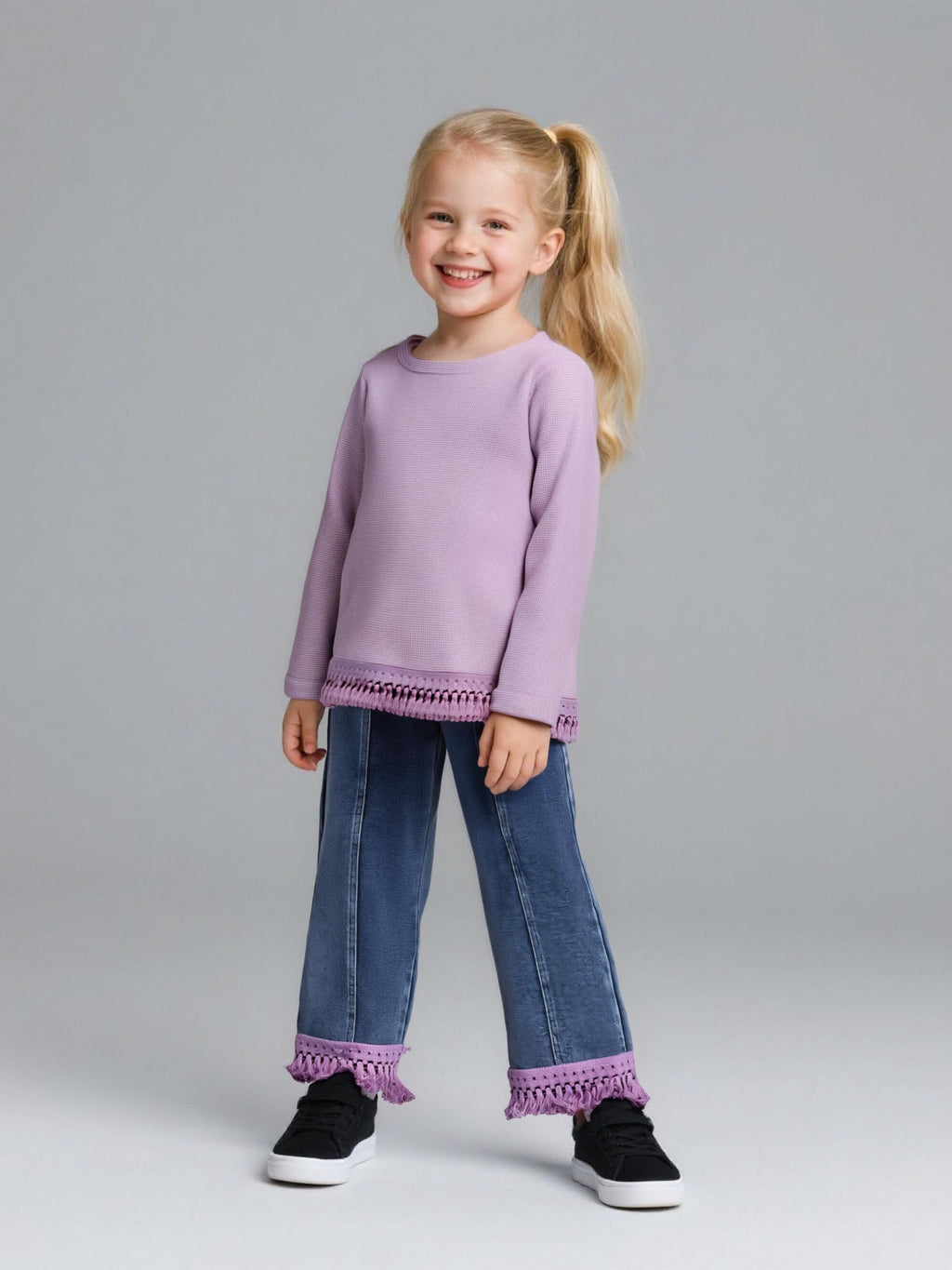 3-7 Years Toddler Girls Pants Set - Tassel Top & Washed Denim Pants Fall Winter Clothing Outfits Set for Girls