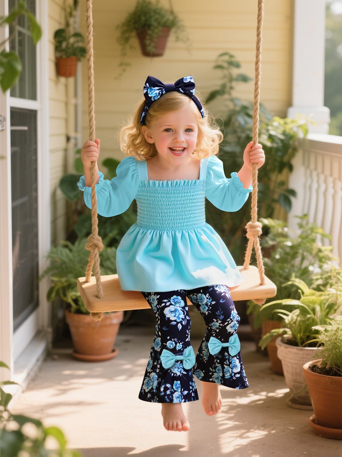 UNICOMIDEA Girls Clothes Set Shirt Top and Flare Pants with Bowknot 2-5T Kids 3 Piece Outfit For Girl