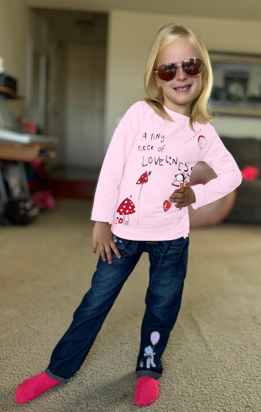 LUKYCILD Toddler Girl Clothes Baby Girl Long Sleeve Top + Jeans Pants with Pockets 2 Piece Outfit Cartoon Clothing Set