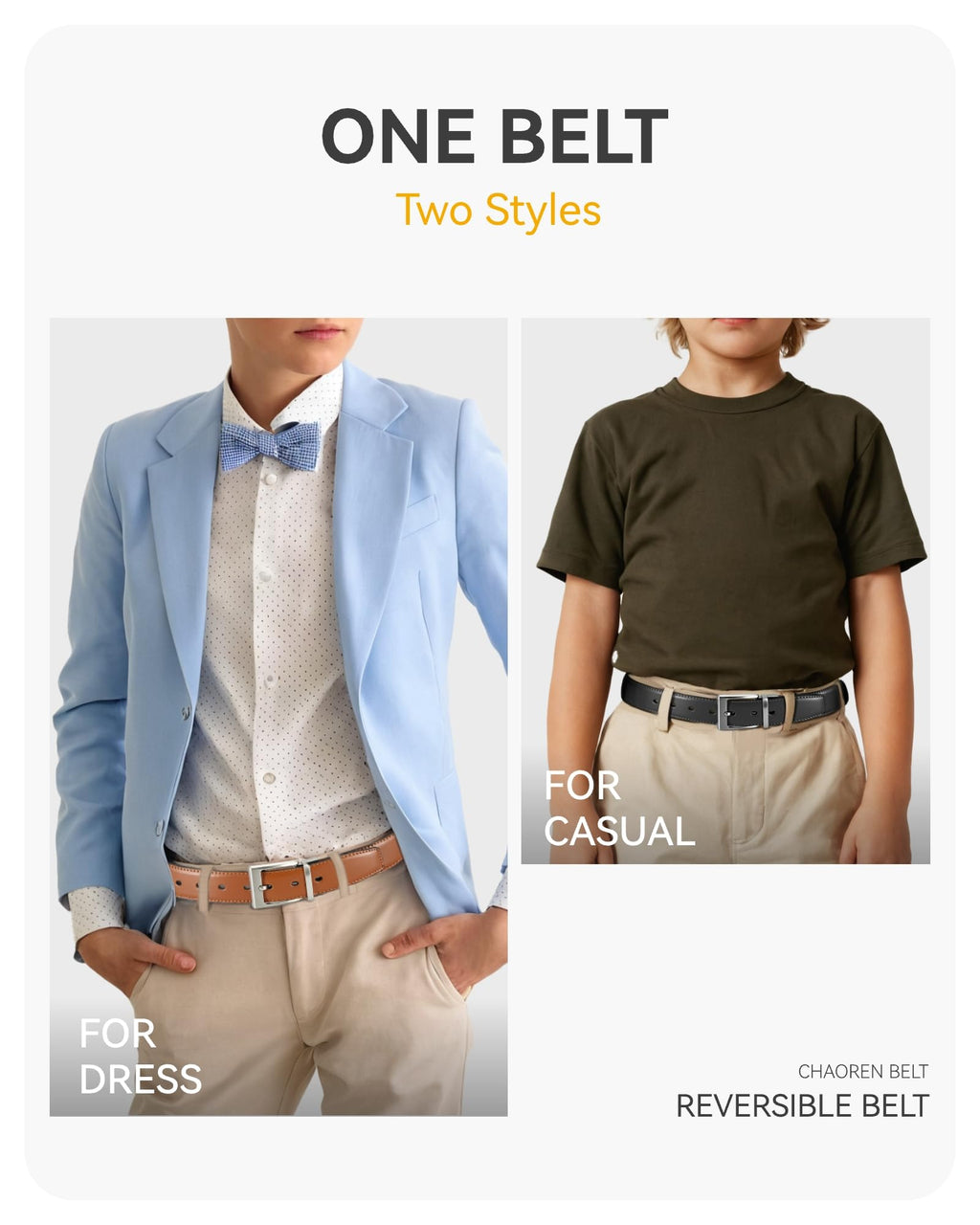 CHAOREN Boys Belt, Most Size Kids 1 1/4" Dress Reversible Belt for Youth - One Leather Belt Two Style