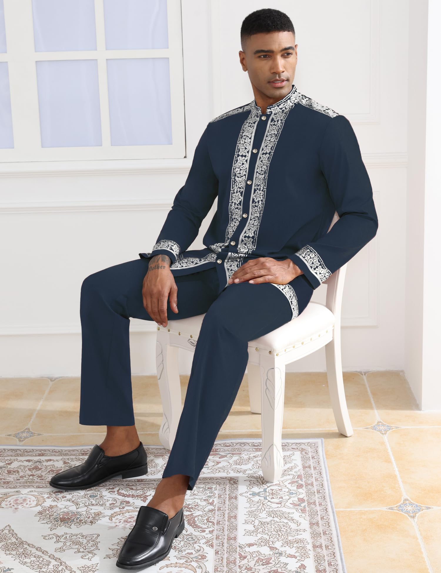 Mens African 2 Piece Set Nigerian Dashiki Metallic Traditional Suit Gold Stamp Printed Shirt and Pants Outfit