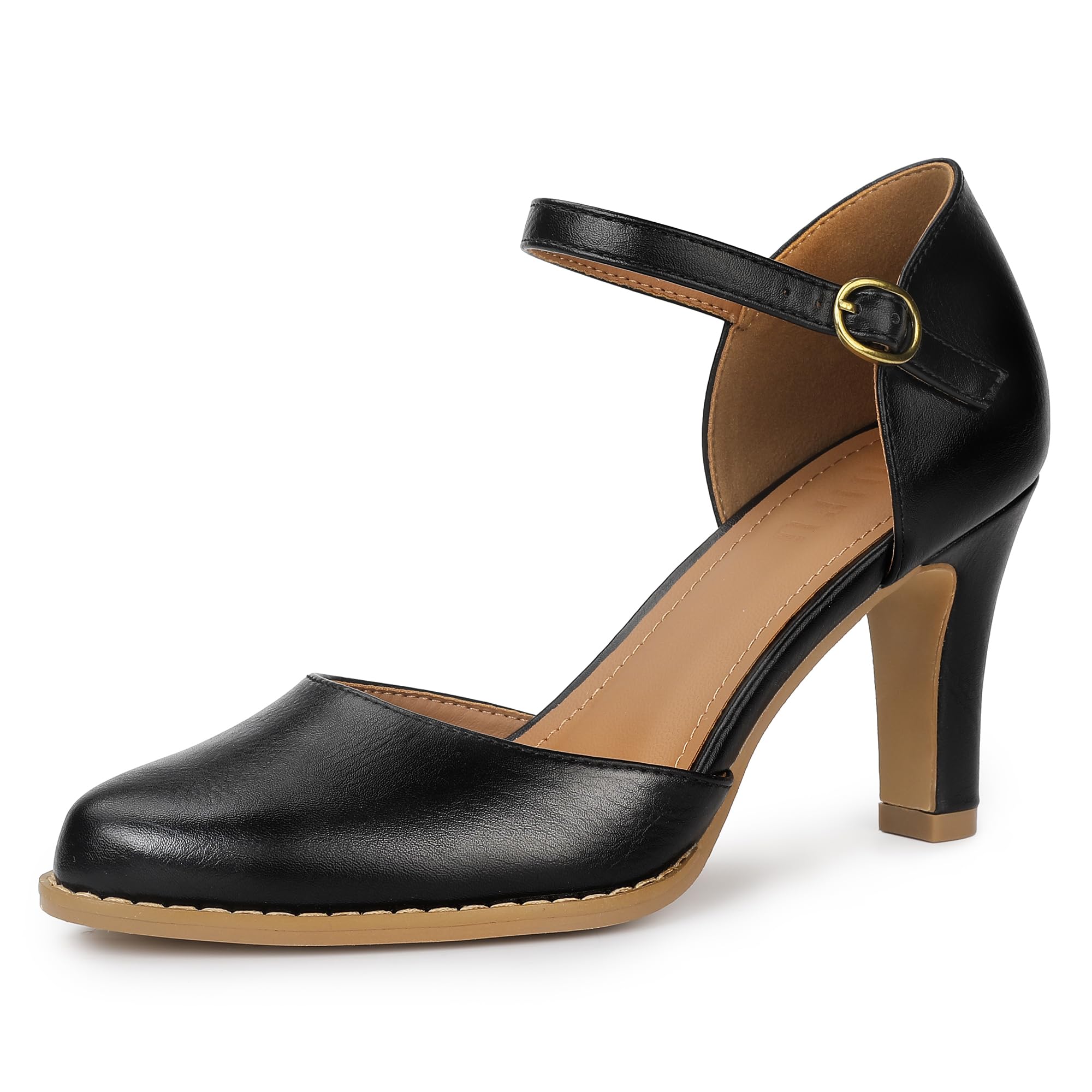 IDIFU IN3 Closed Toe Chunky High Heels Comfortable Dress Shoes for Women Pumps Vintage Pointed Toe Ankle Strap Heels Dressy Wedding Prom Bridal Party Work Office Formal Retro D'Orsay Pumps Shoes