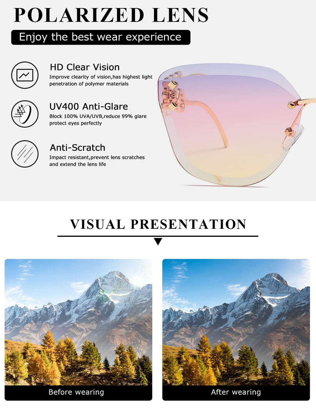 AEVOGUE Sunglasses For Women Oversized Rimless Diamond Cutting Lens Sun Glasses AE0534