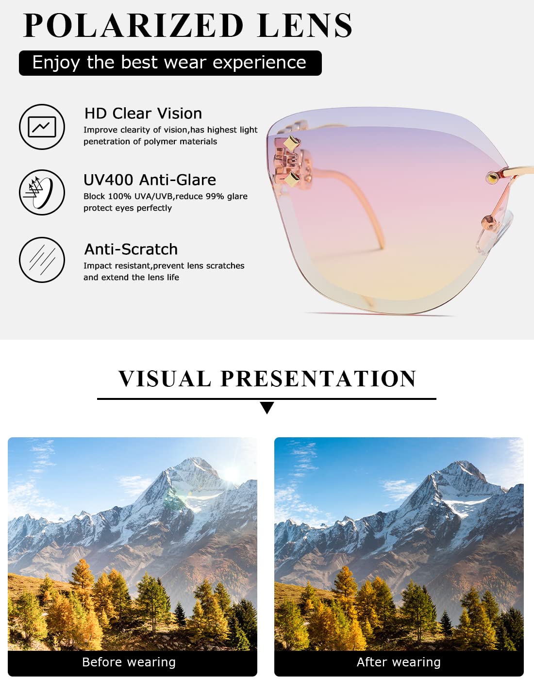 AEVOGUE Sunglasses For Women Oversized Rimless Diamond Cutting Lens Sun Glasses AE0534